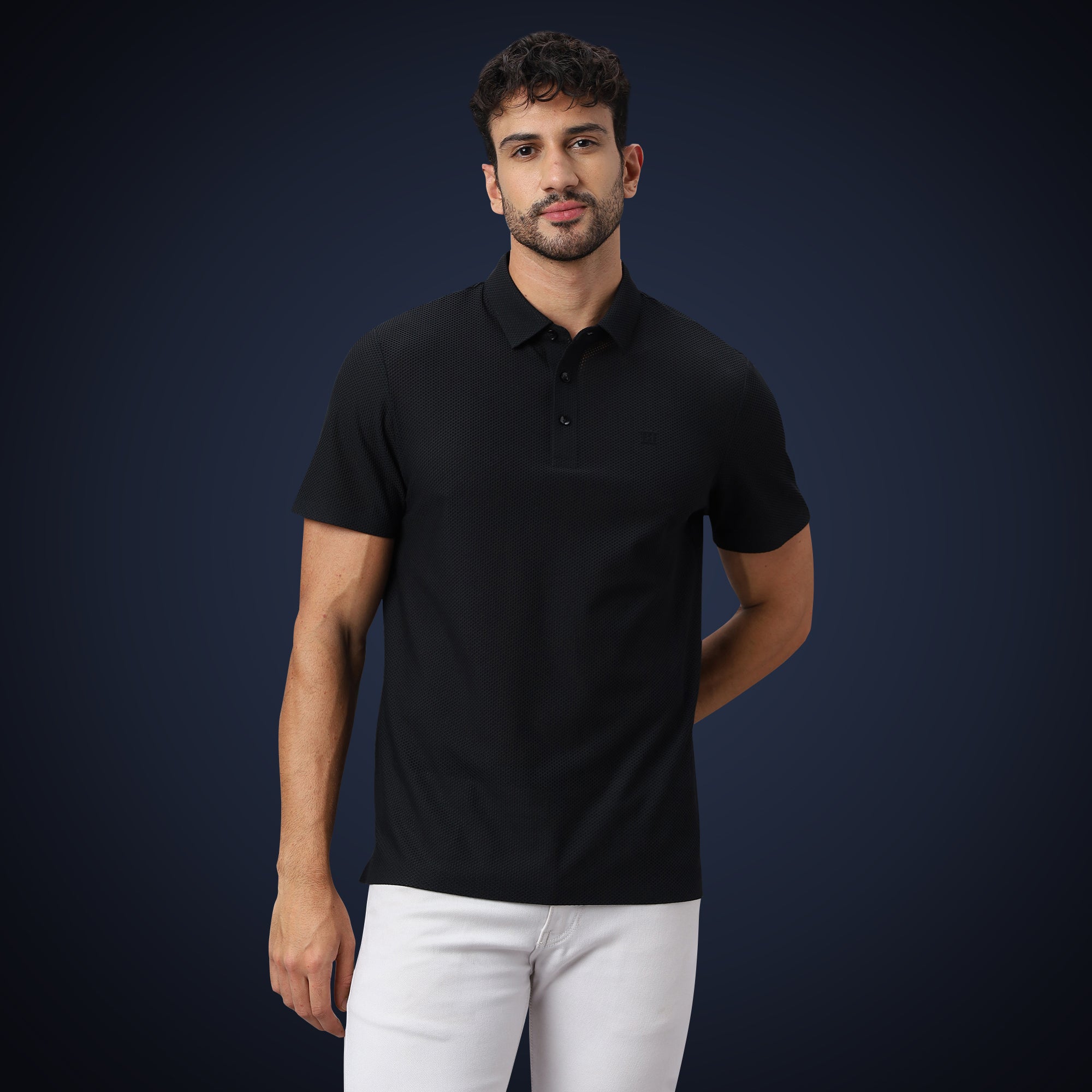 Open Button Polo - Bubble Jacquard