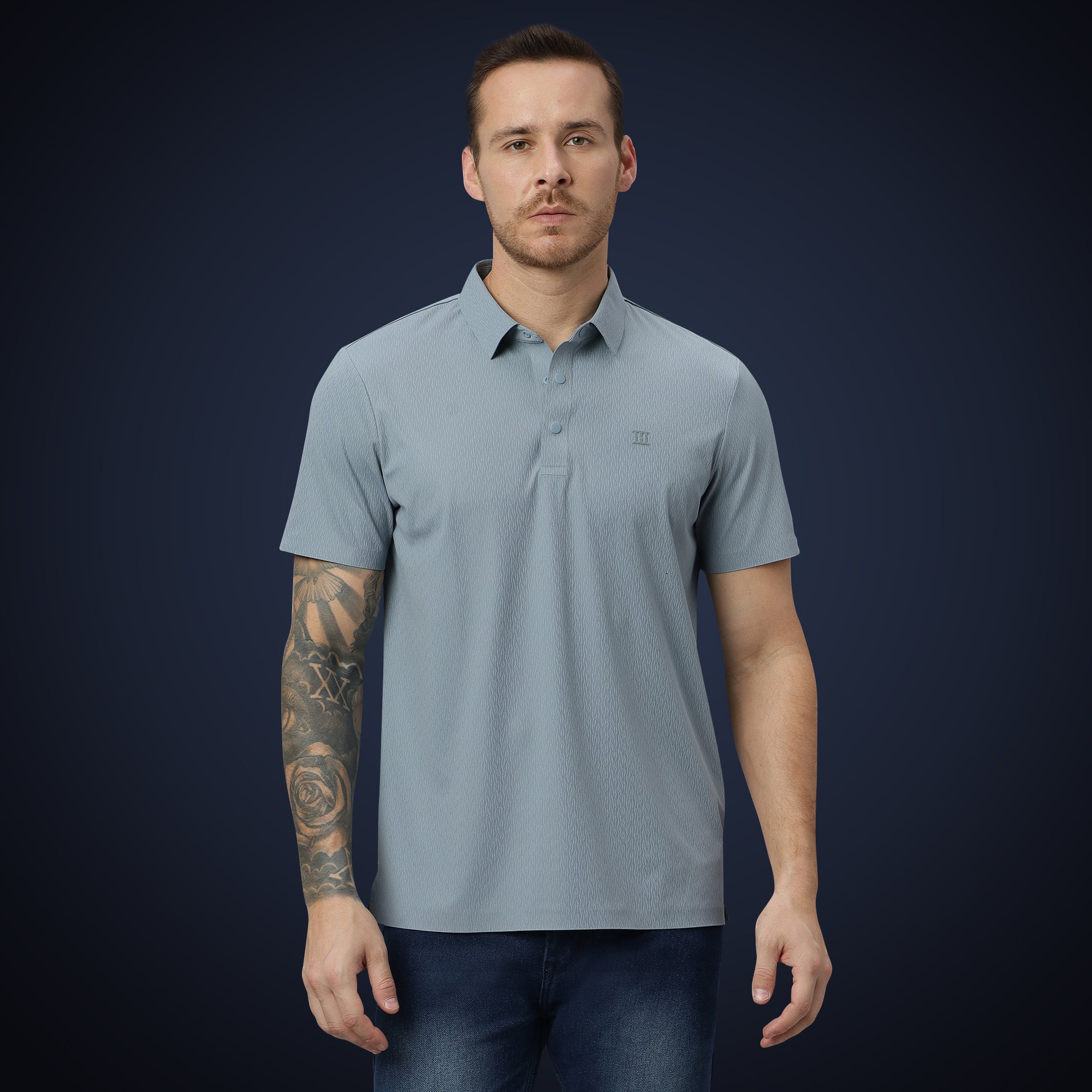 Snap Button Polo - Thick Thin Jacquard