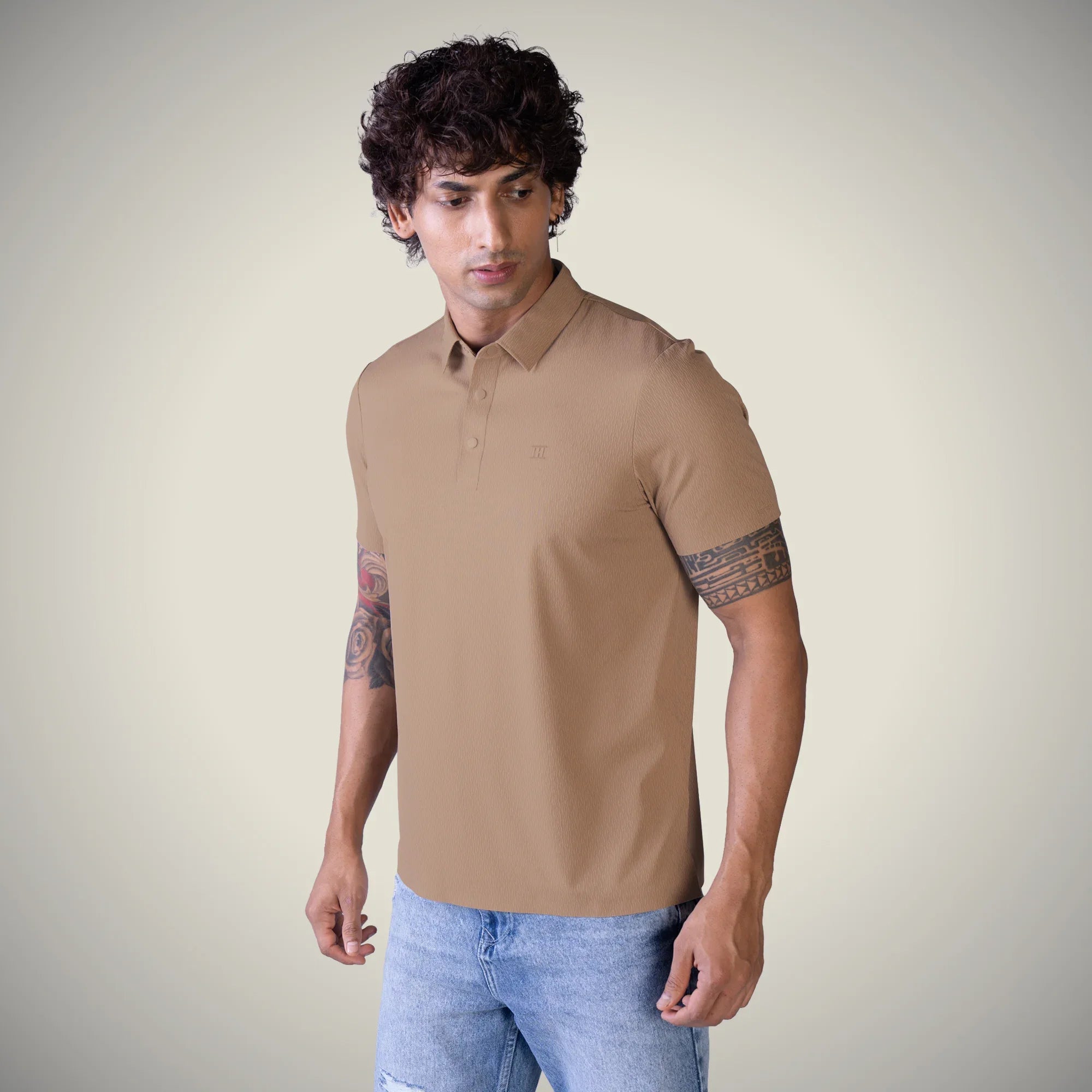 Hektor -Premium-Bonded- Snap Button Polo - Thick Thin Jacquard T Shirt -Mens