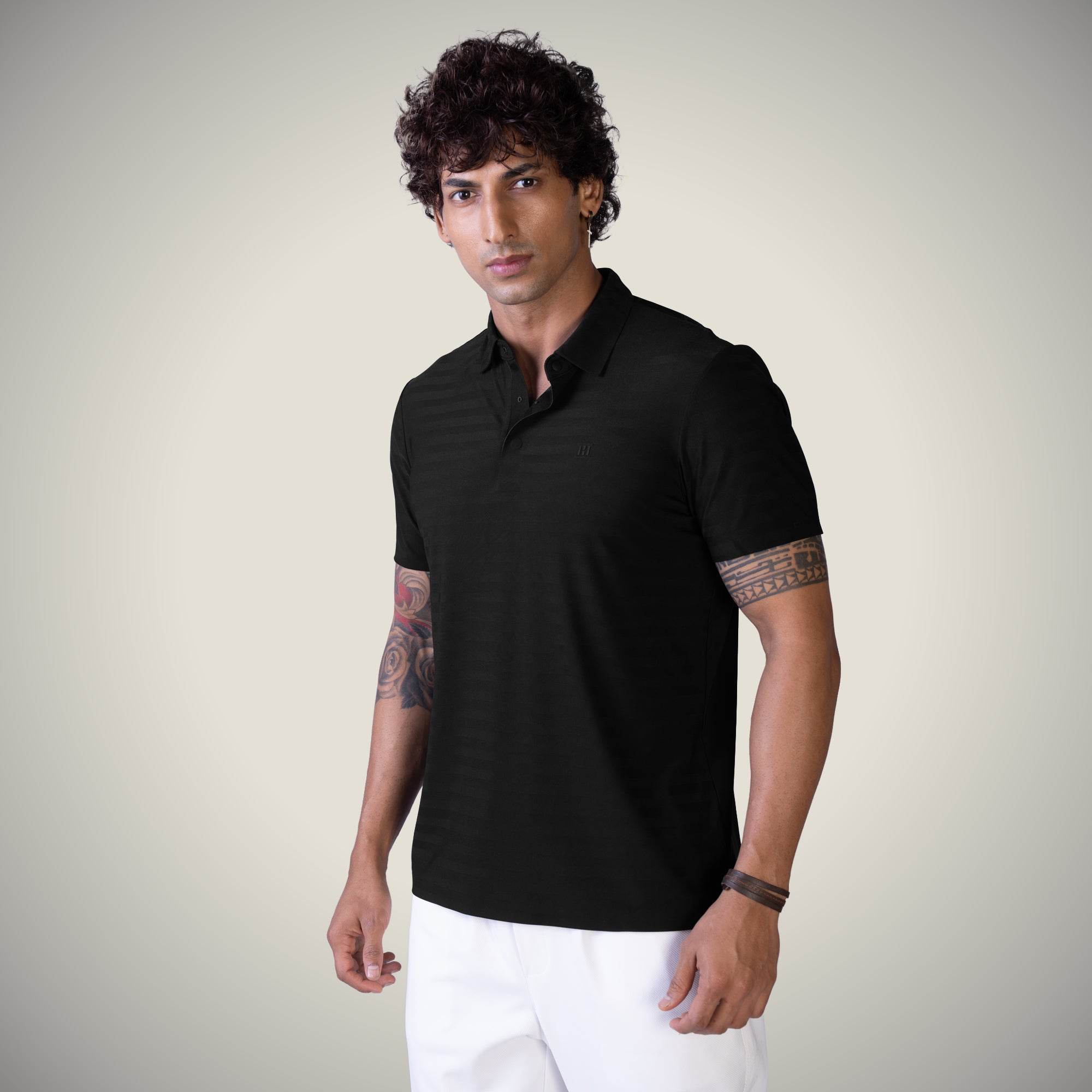 Hektor -Premium-Bonded- Hidden Button Polo - Herring Bone T Shirt -Mens
