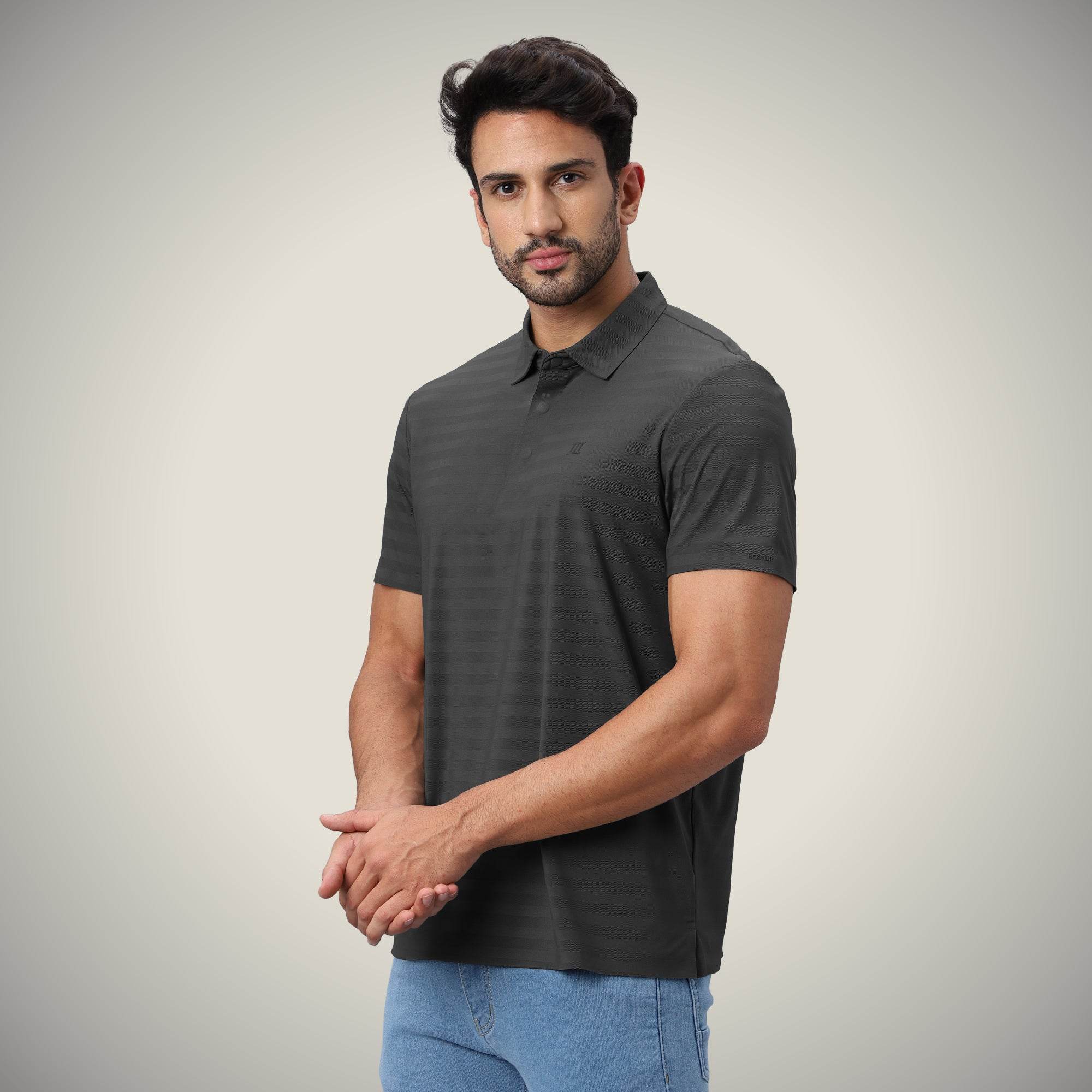 Hektor -Premium-Bonded- Hidden Button Polo - Herring Bone T Shirt -Mens