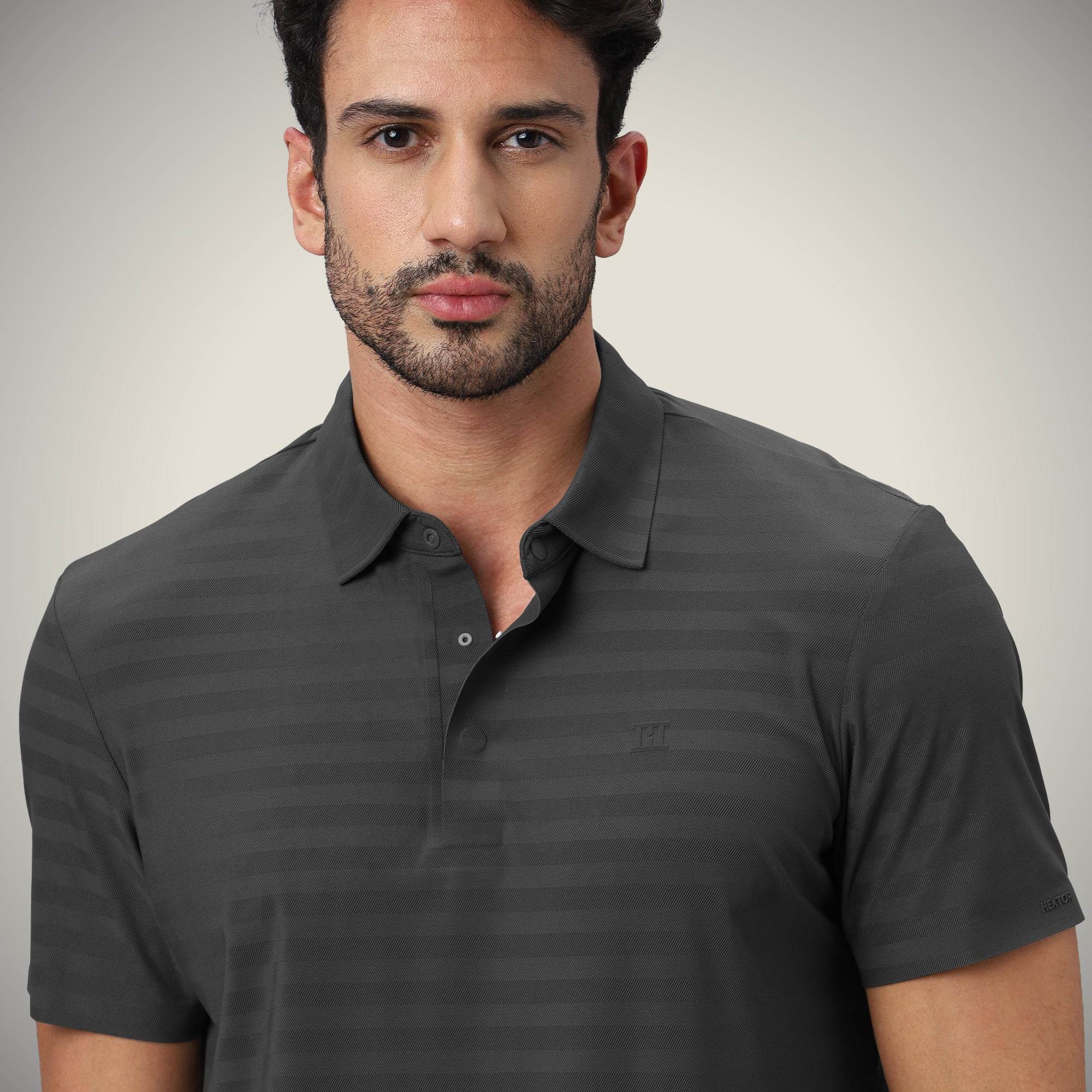 Hektor -Premium-Bonded- Hidden Button Polo - Herring Bone T Shirt -Mens