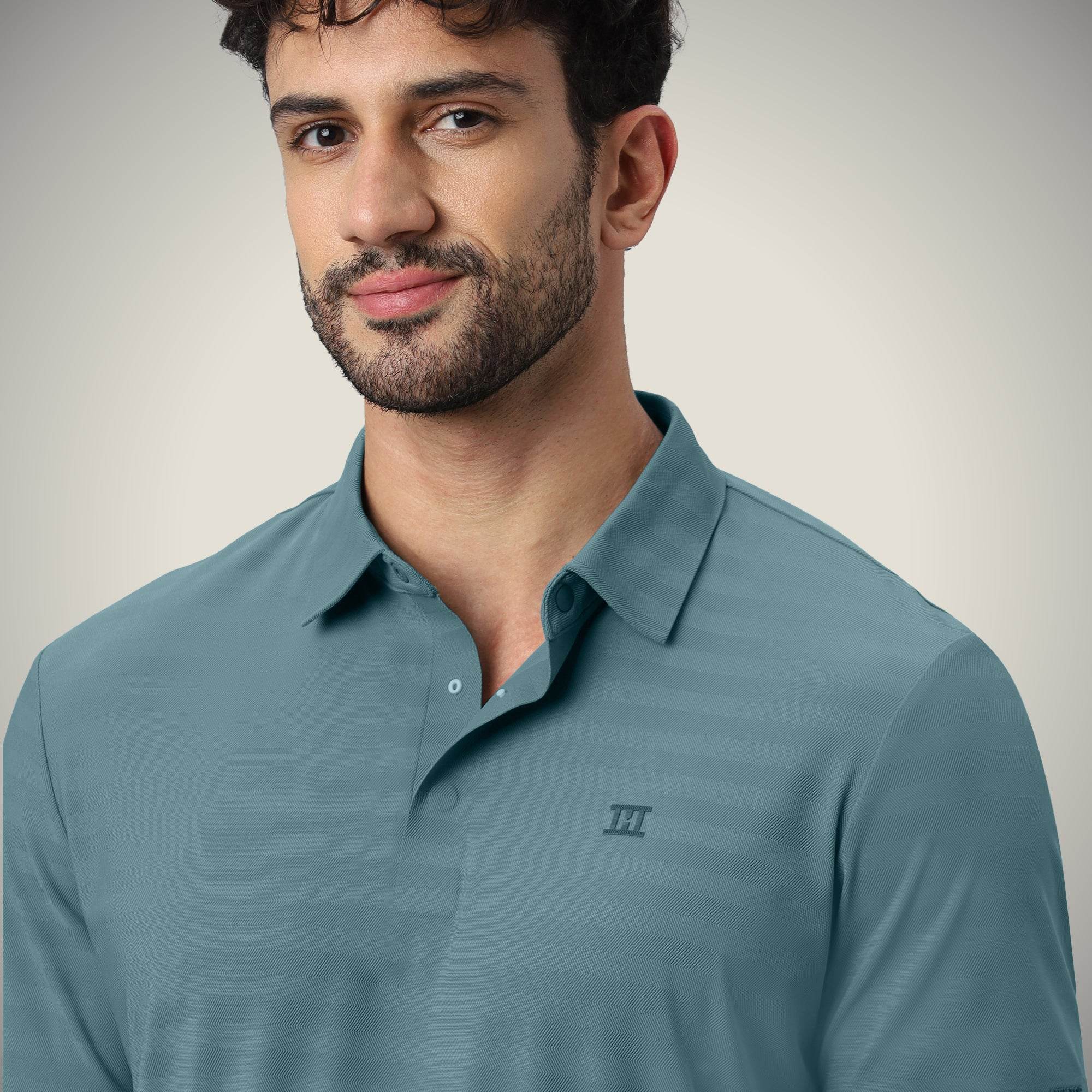 Hektor -Premium-Bonded- Hidden Button Polo - Herring Bone T Shirt -Mens