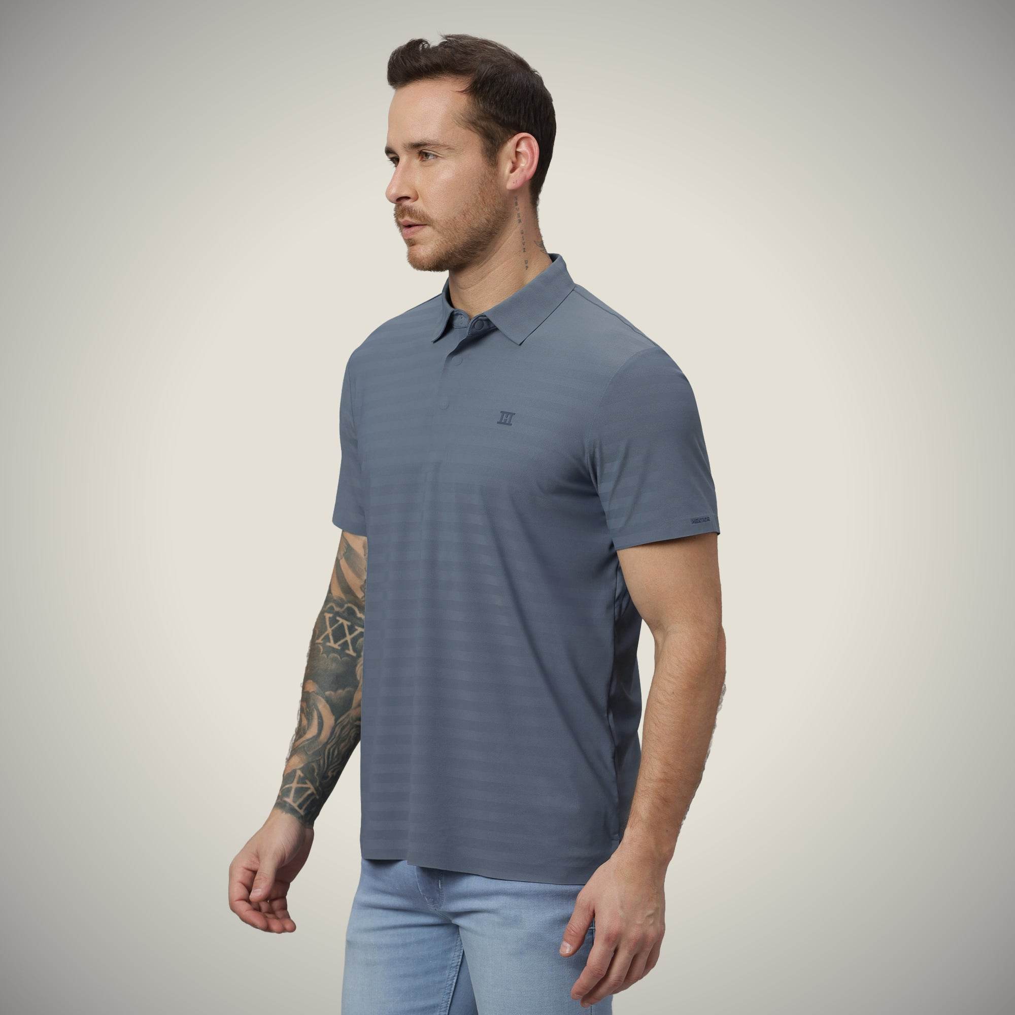 Hektor -Premium-Bonded- Hidden Button Polo - Herring Bone T Shirt -Mens