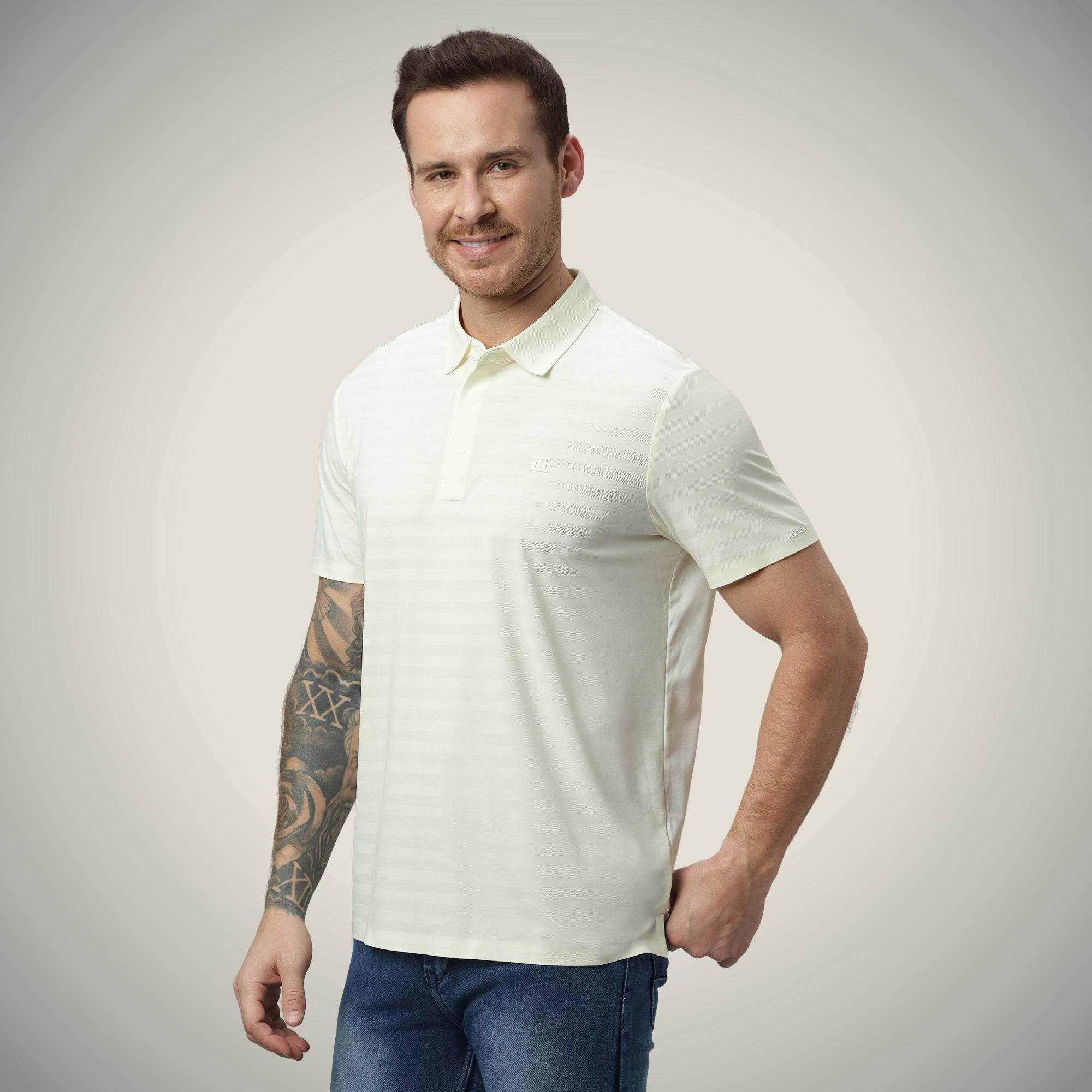 Hektor -Premium-Bonded- Hidden Button Polo - Herring Bone T Shirt -Mens