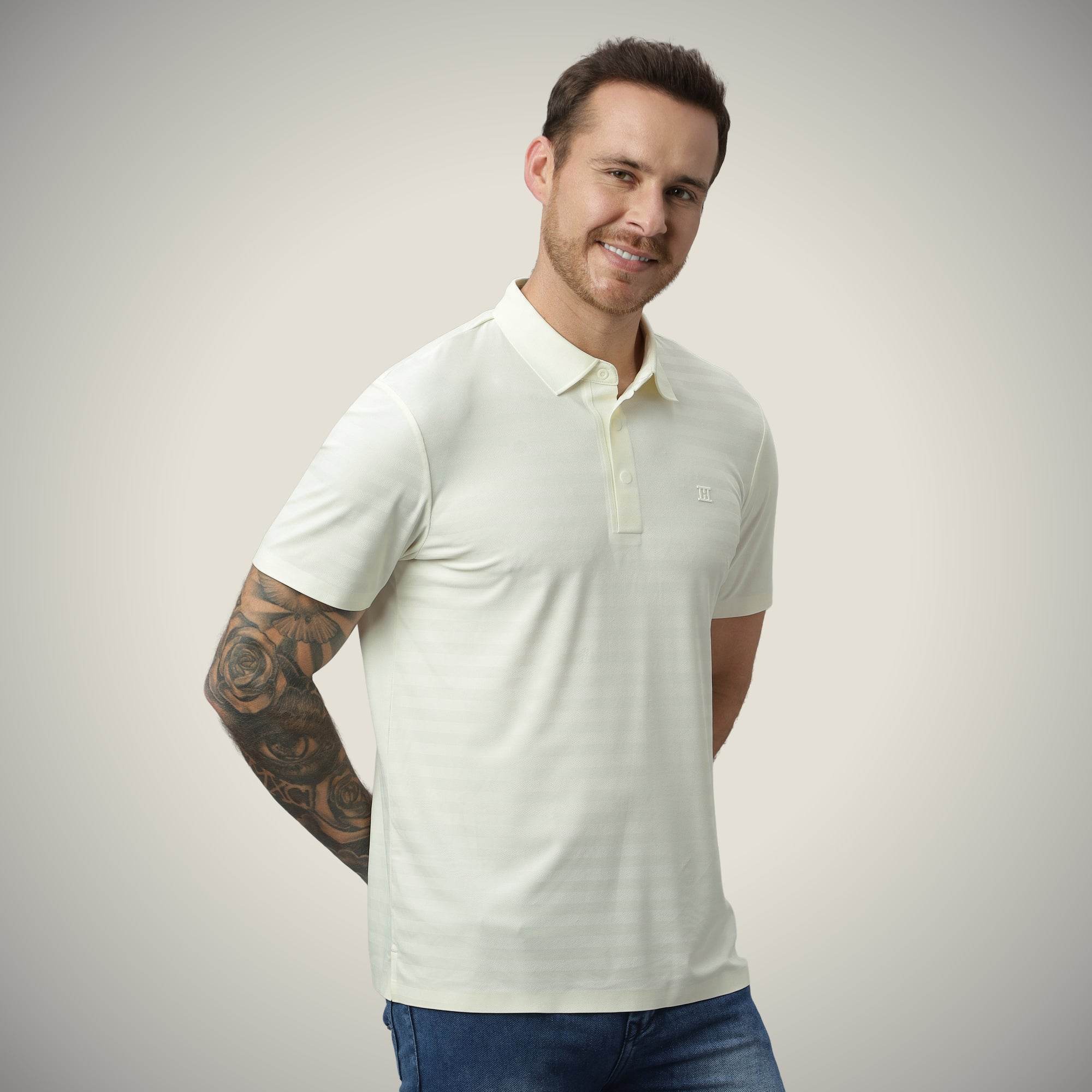 Hektor -Premium-Bonded- Hidden Button Polo - Herring Bone T Shirt -Mens
