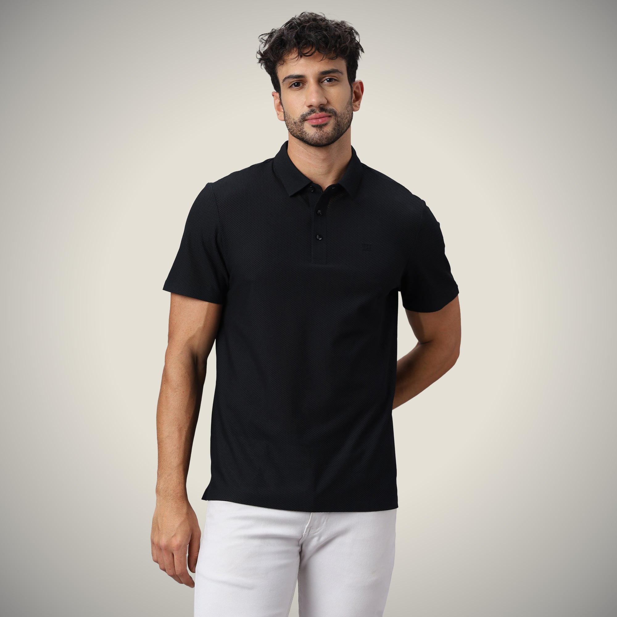 Open Button Polo - Bubble Jacquard