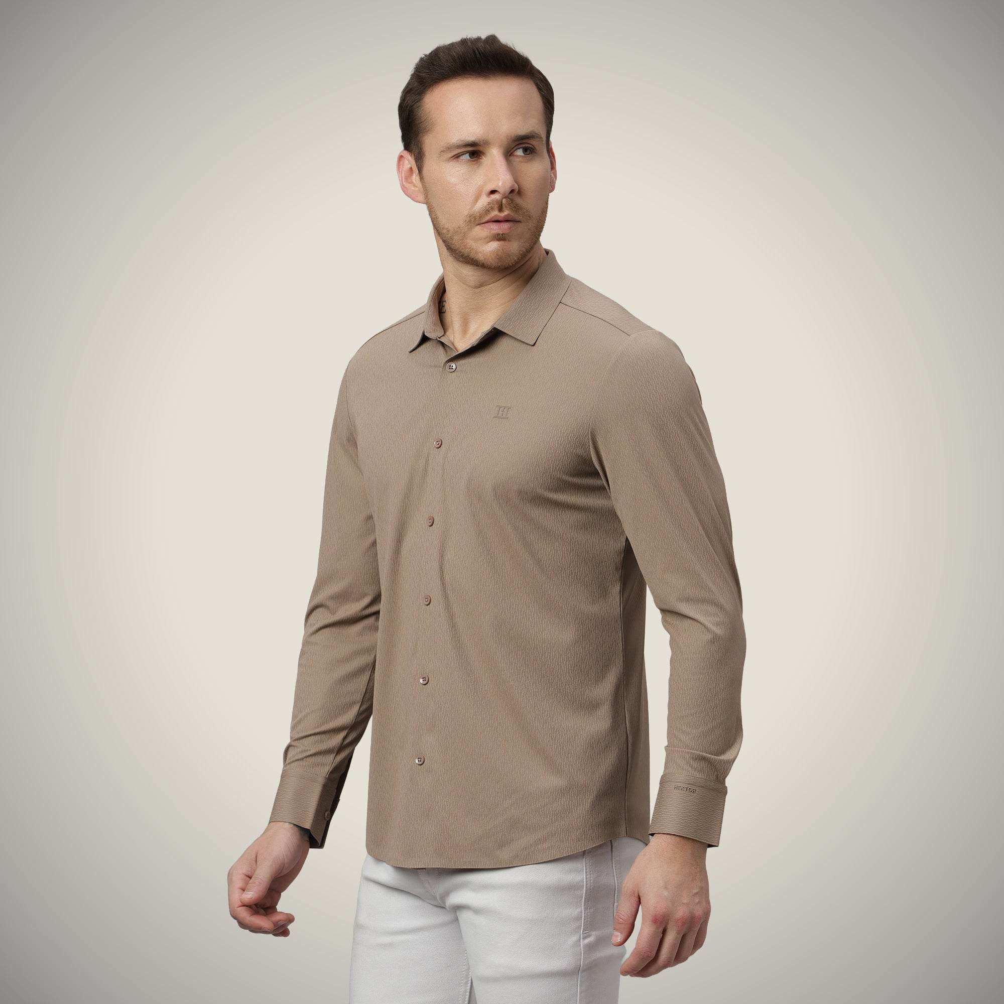 Hektor -Premium-Bonded- Open Button Shirt - Long Sleeve - Thick Thin Jacquard -Mens