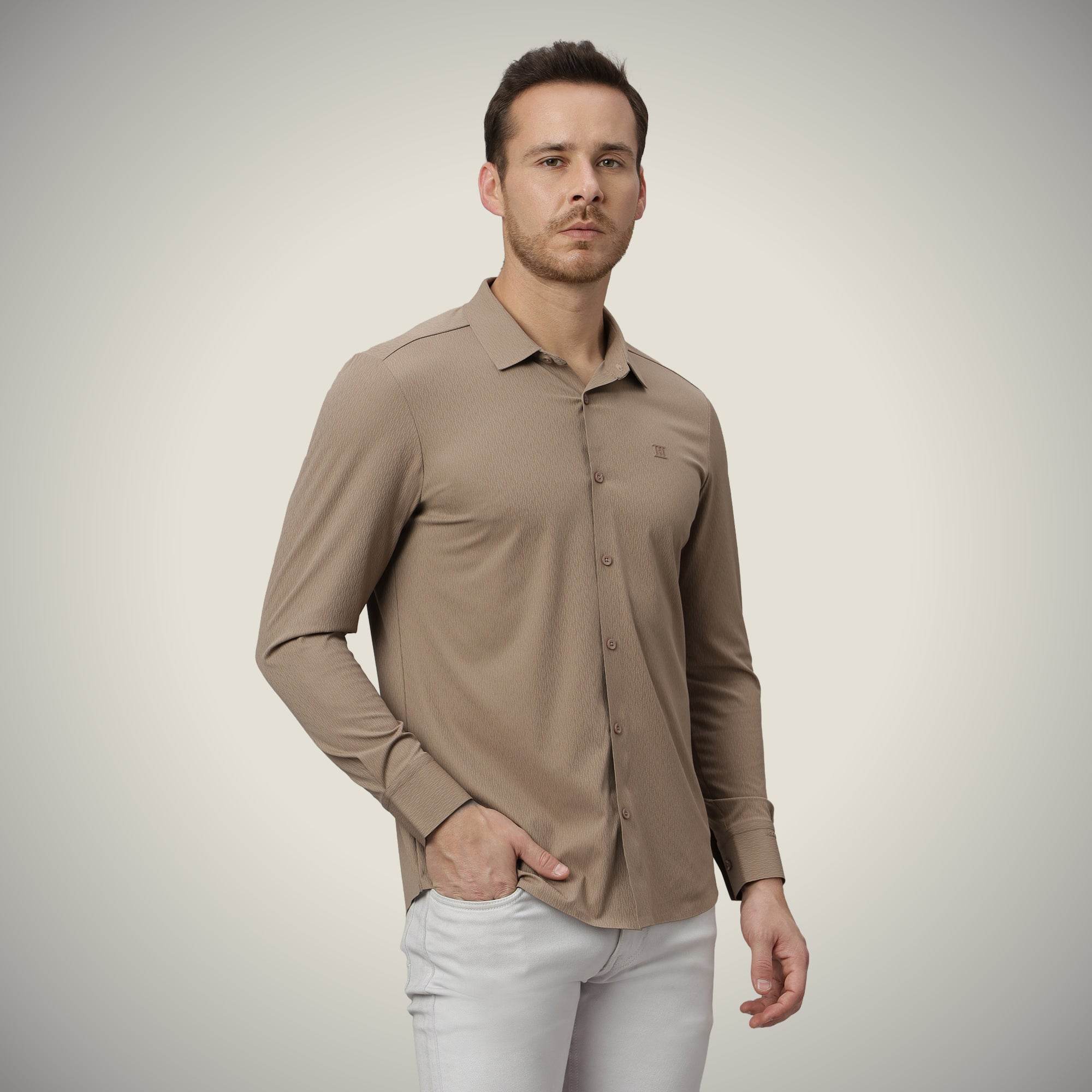 Hektor -Premium-Bonded- Open Button Shirt - Long Sleeve - Thick Thin Jacquard -Mens