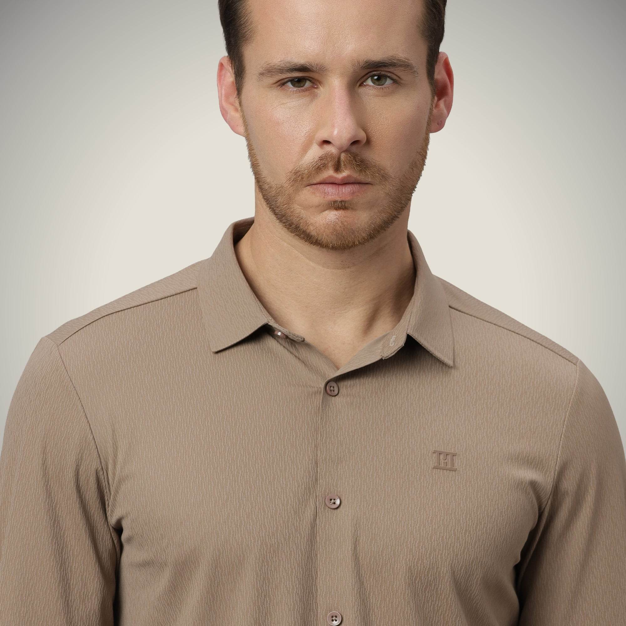 Hektor -Premium-Bonded- Open Button Shirt - Long Sleeve - Thick Thin Jacquard -Mens