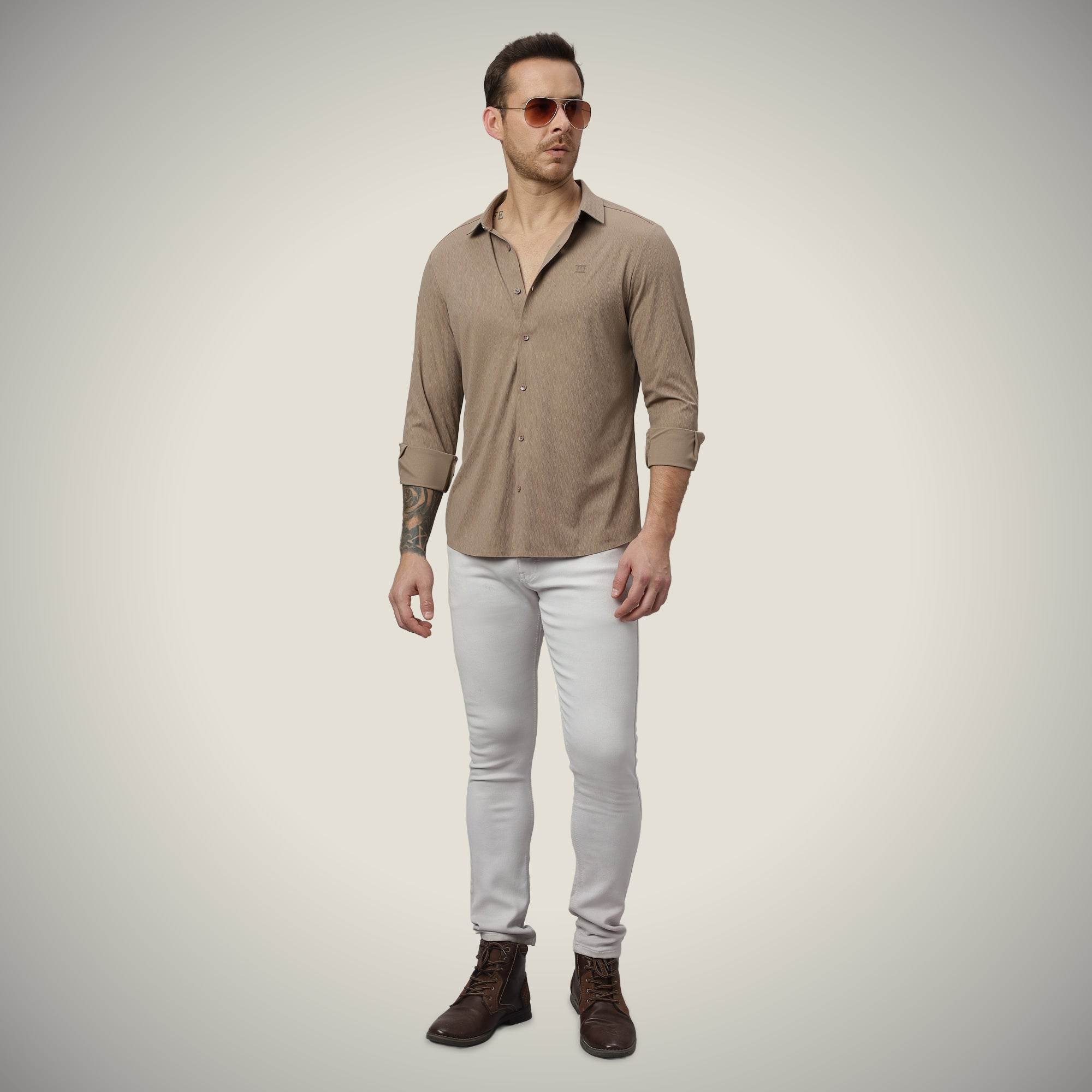 Hektor -Premium-Bonded- Open Button Shirt - Long Sleeve - Thick Thin Jacquard -Mens