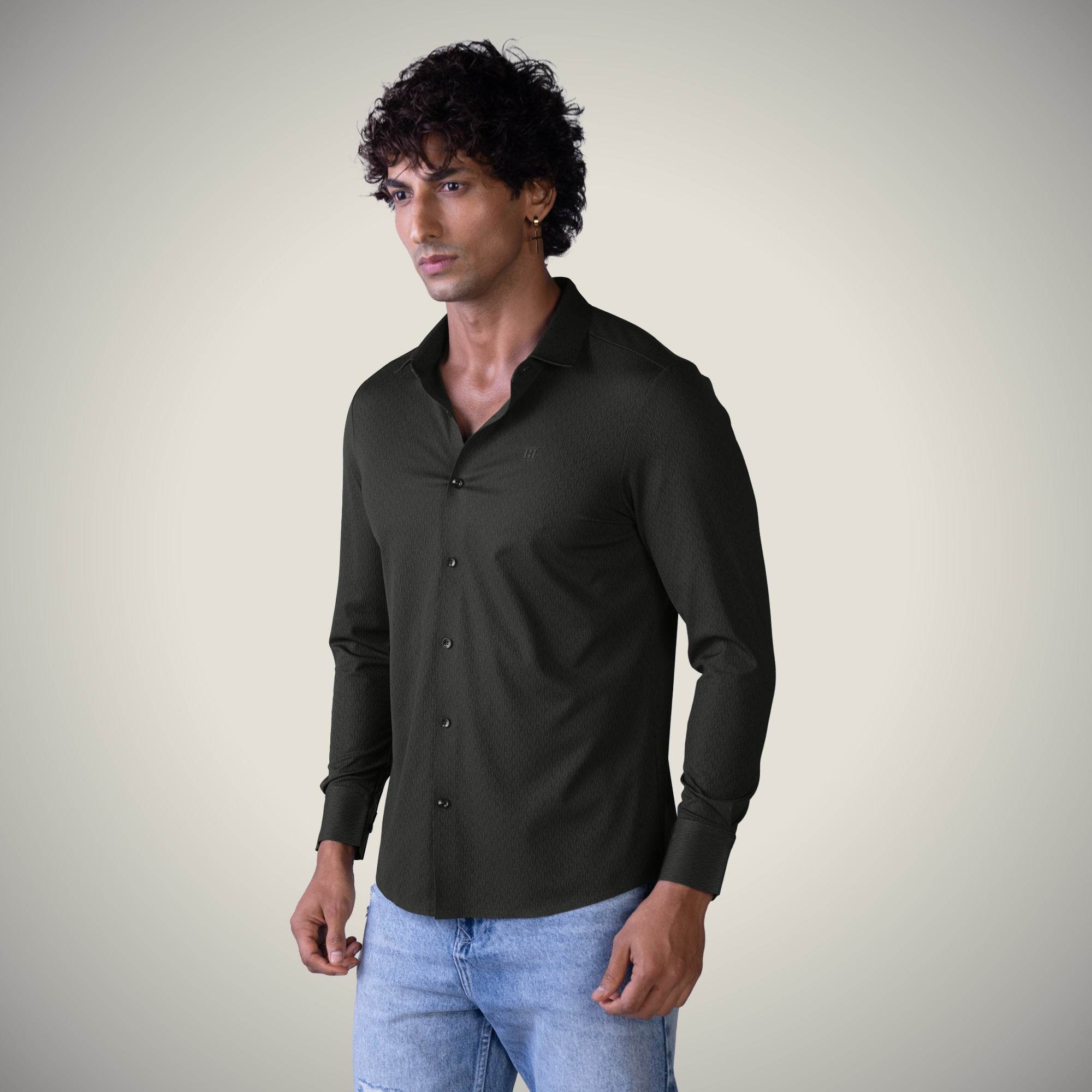Hektor -Premium-Bonded- Open Button Shirt - Long Sleeve - Thick Thin Jacquard -Mens