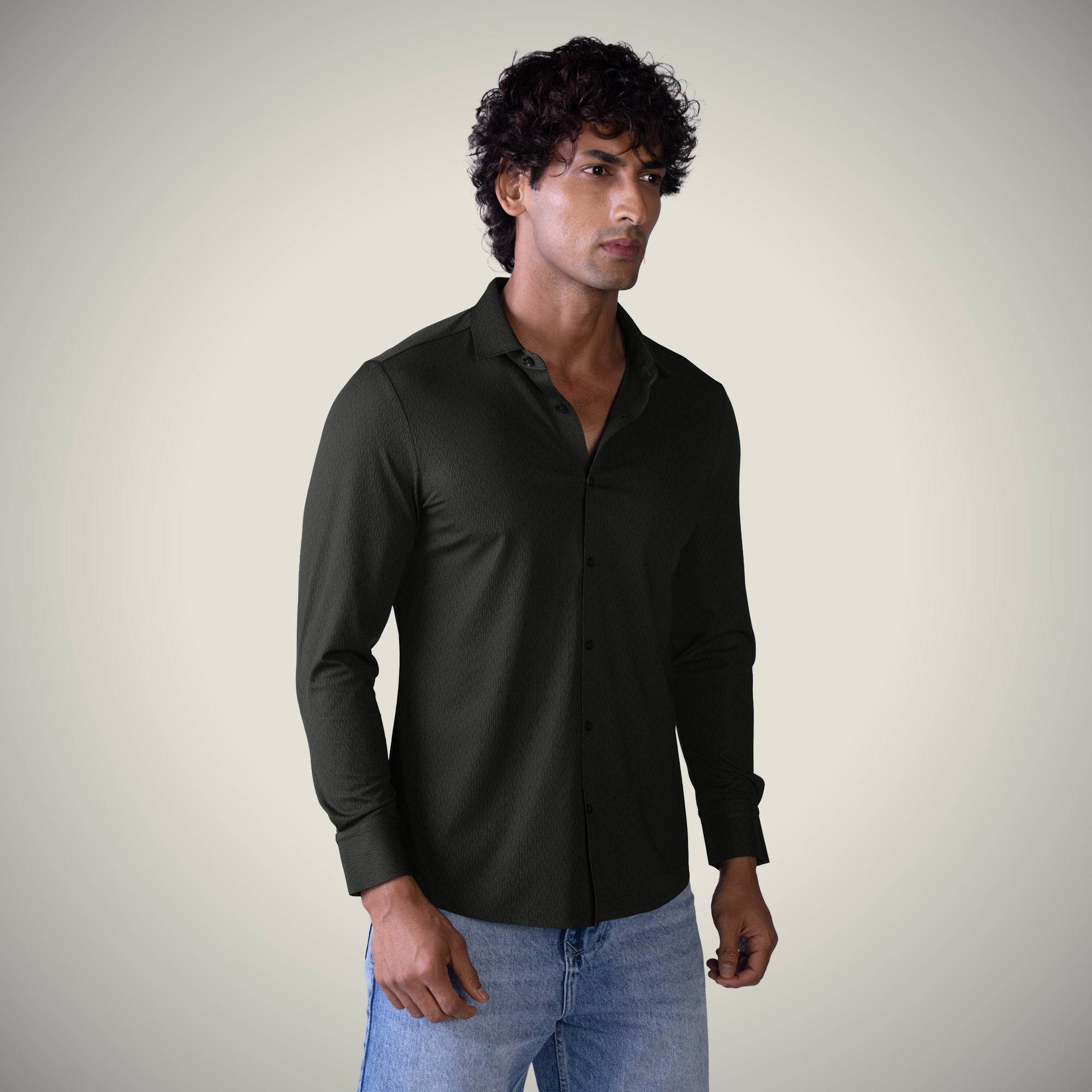 Hektor -Premium-Bonded- Open Button Shirt - Long Sleeve - Thick Thin Jacquard -Mens