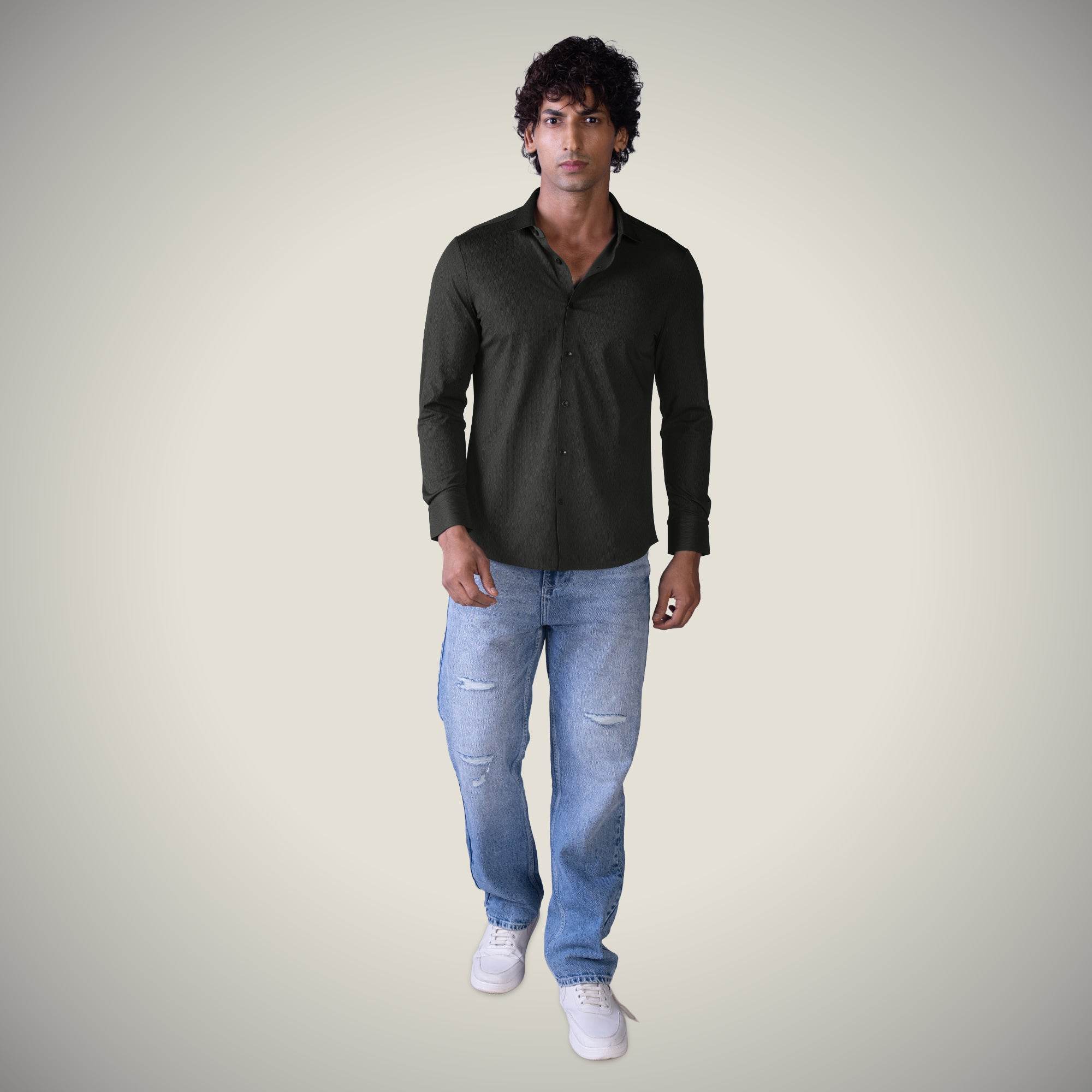 Hektor -Premium-Bonded- Open Button Shirt - Long Sleeve - Thick Thin Jacquard -Mens