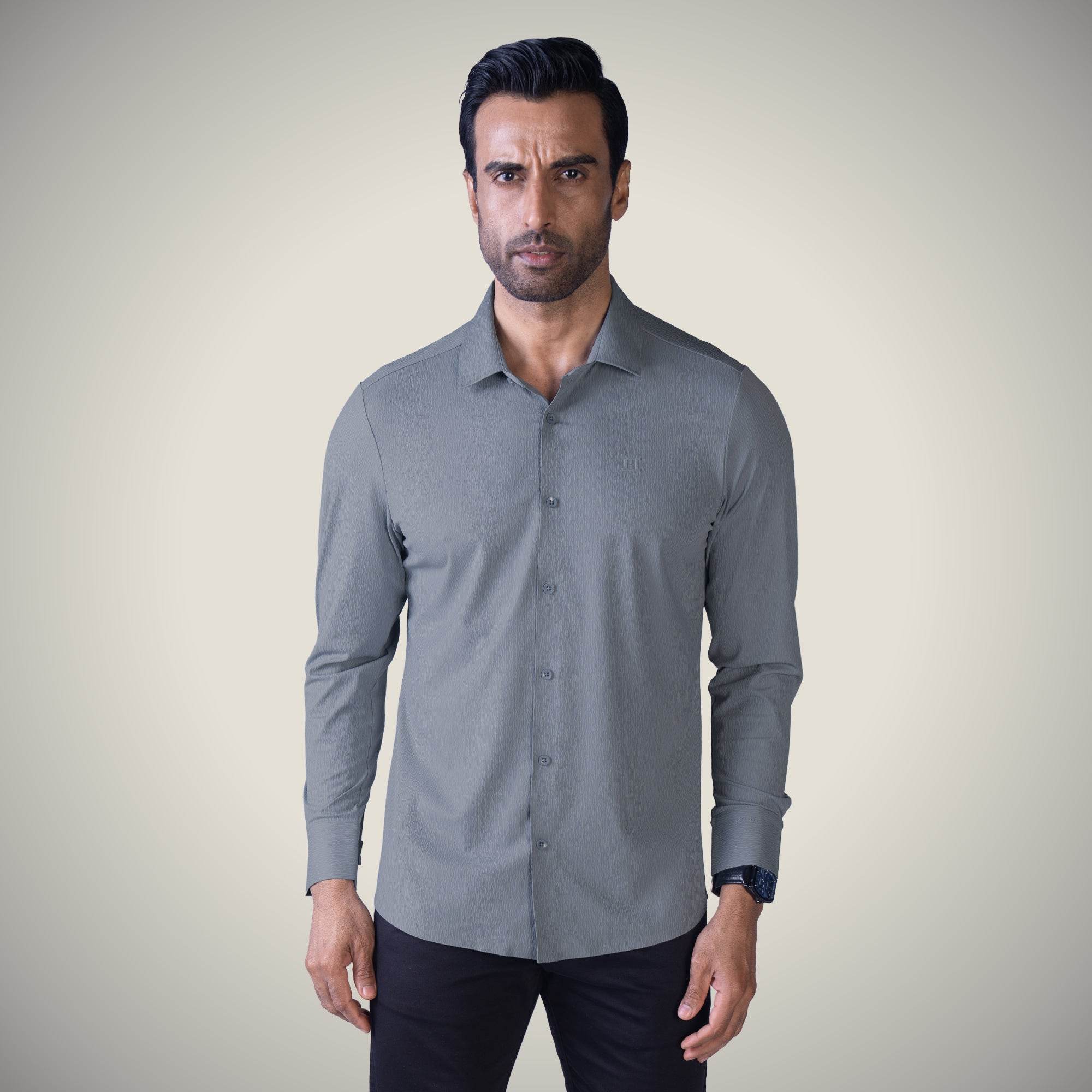Hektor -Premium-Bonded- Open Button Shirt - Long Sleeve - Thick Thin Jacquard -Mens