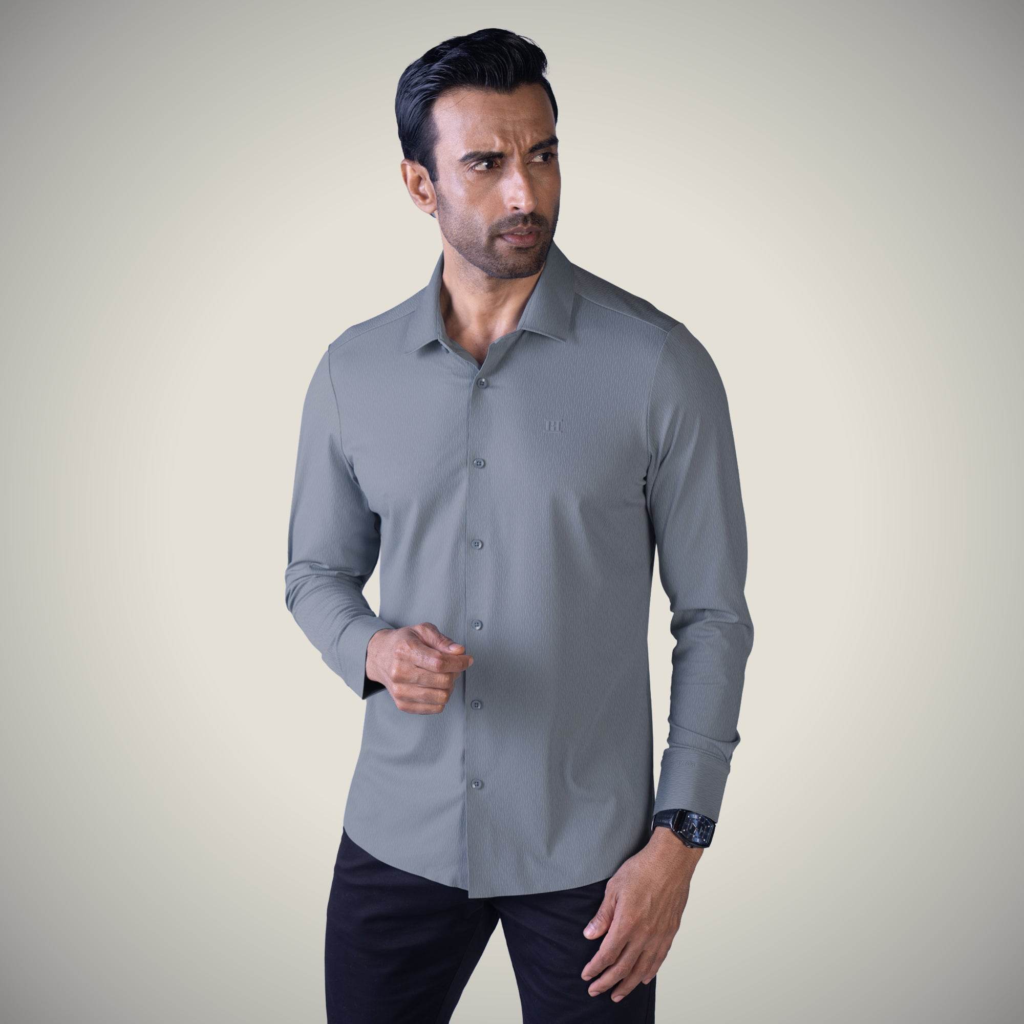 Hektor -Premium-Bonded- Open Button Shirt - Long Sleeve - Thick Thin Jacquard -Mens