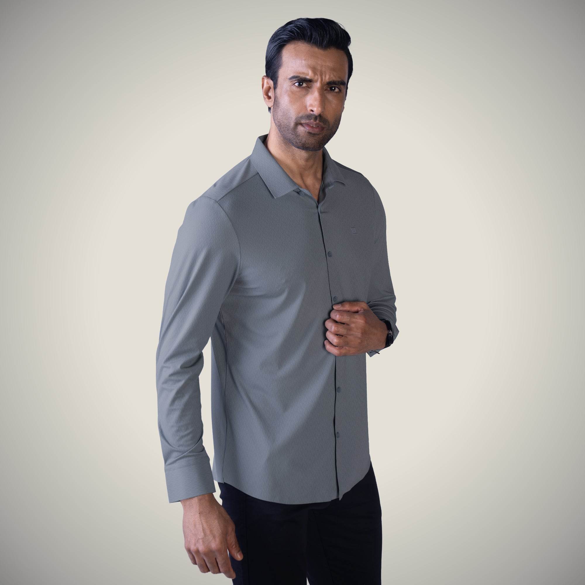 Hektor -Premium-Bonded- Open Button Shirt - Long Sleeve - Thick Thin Jacquard -Mens