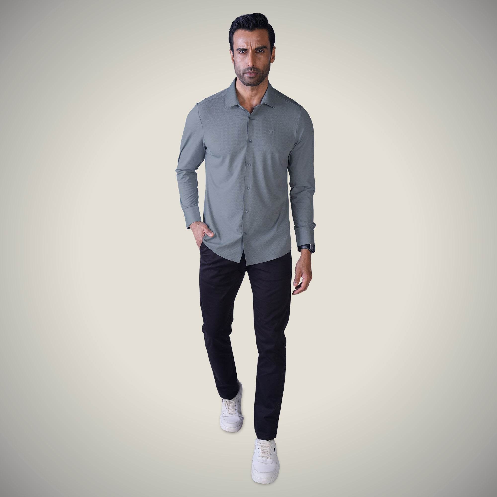 Hektor -Premium-Bonded- Open Button Shirt - Long Sleeve - Thick Thin Jacquard -Mens
