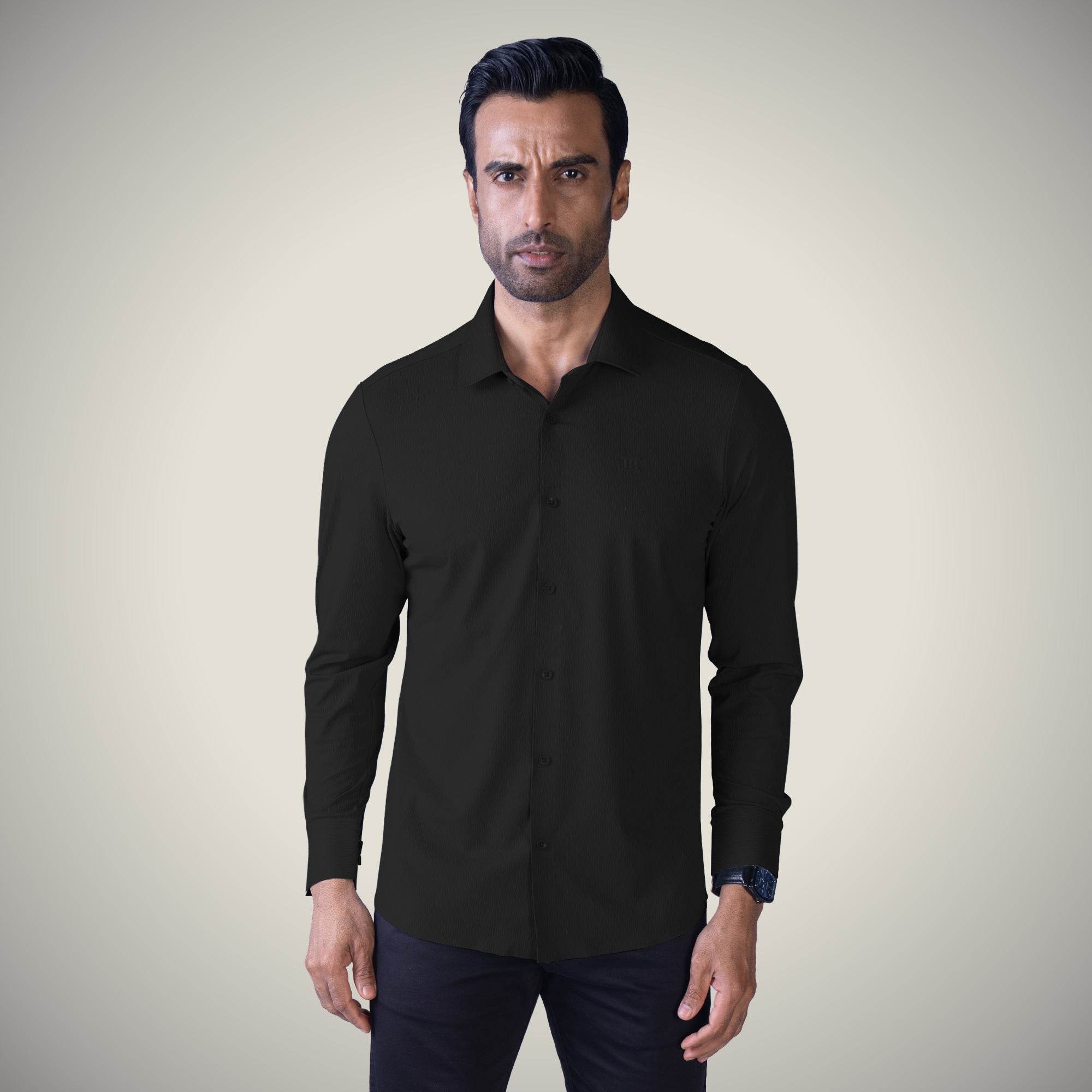 Hektor -Premium-Bonded- Open Button Shirt - Long Sleeve - Thick Thin Jacquard -Mens