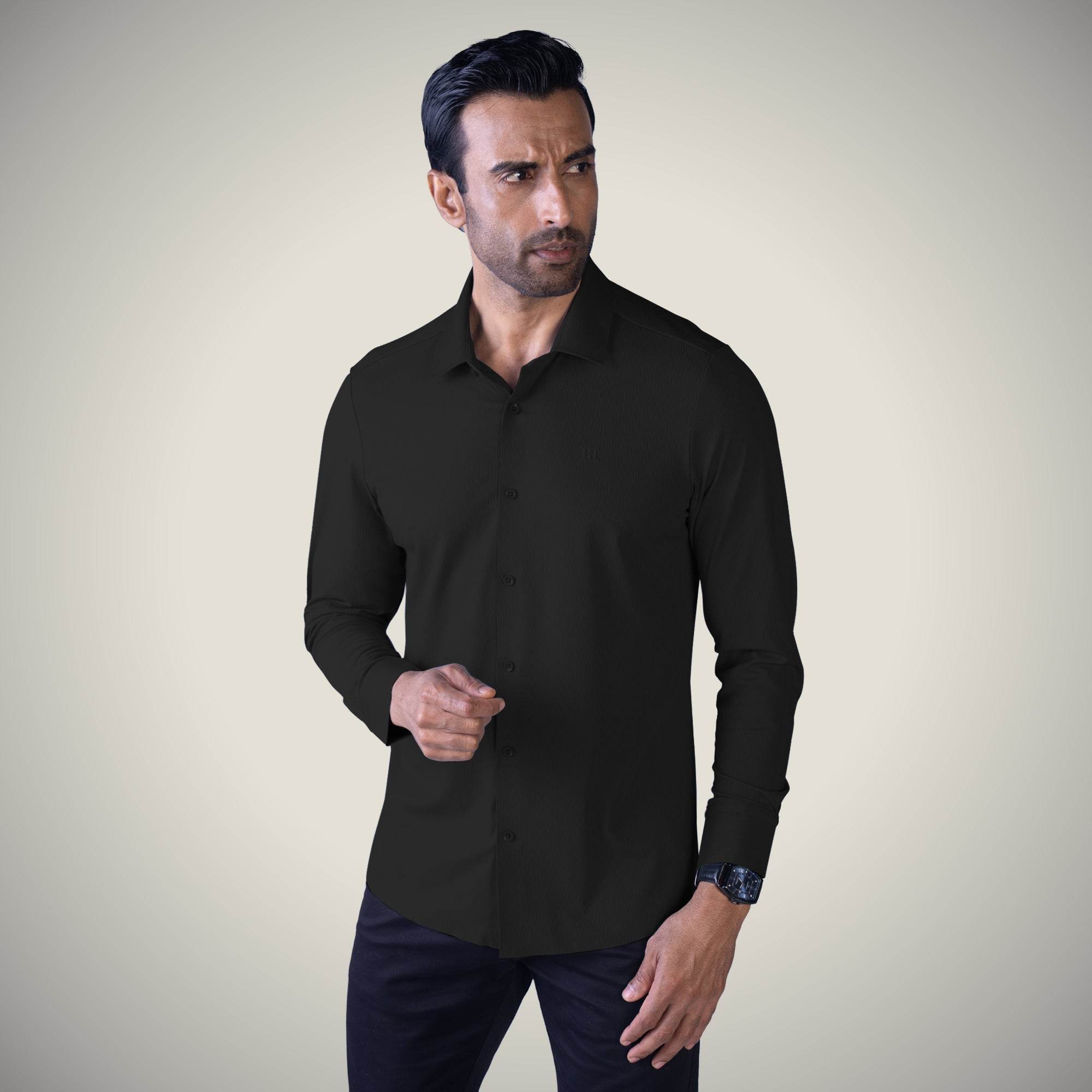 Hektor -Premium-Bonded- Open Button Shirt - Long Sleeve - Thick Thin Jacquard -Mens