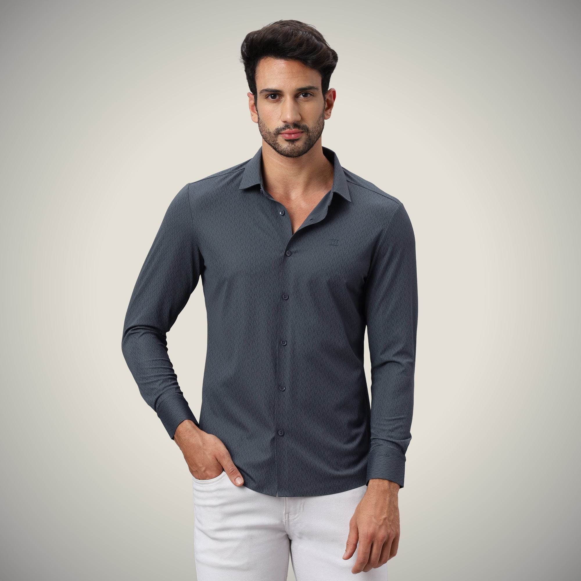 Hektor -Premium-Bonded- Open Button Shirt - Long Sleeve - Thick Thin Jacquard -Mens