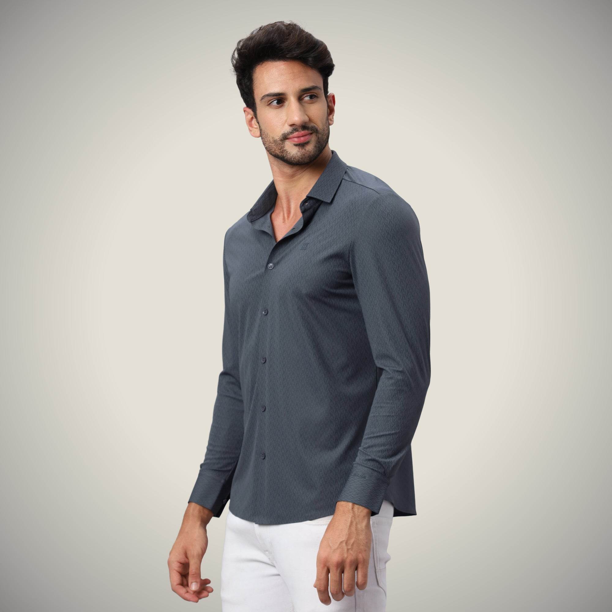 Hektor -Premium-Bonded- Open Button Shirt - Long Sleeve - Thick Thin Jacquard -Mens