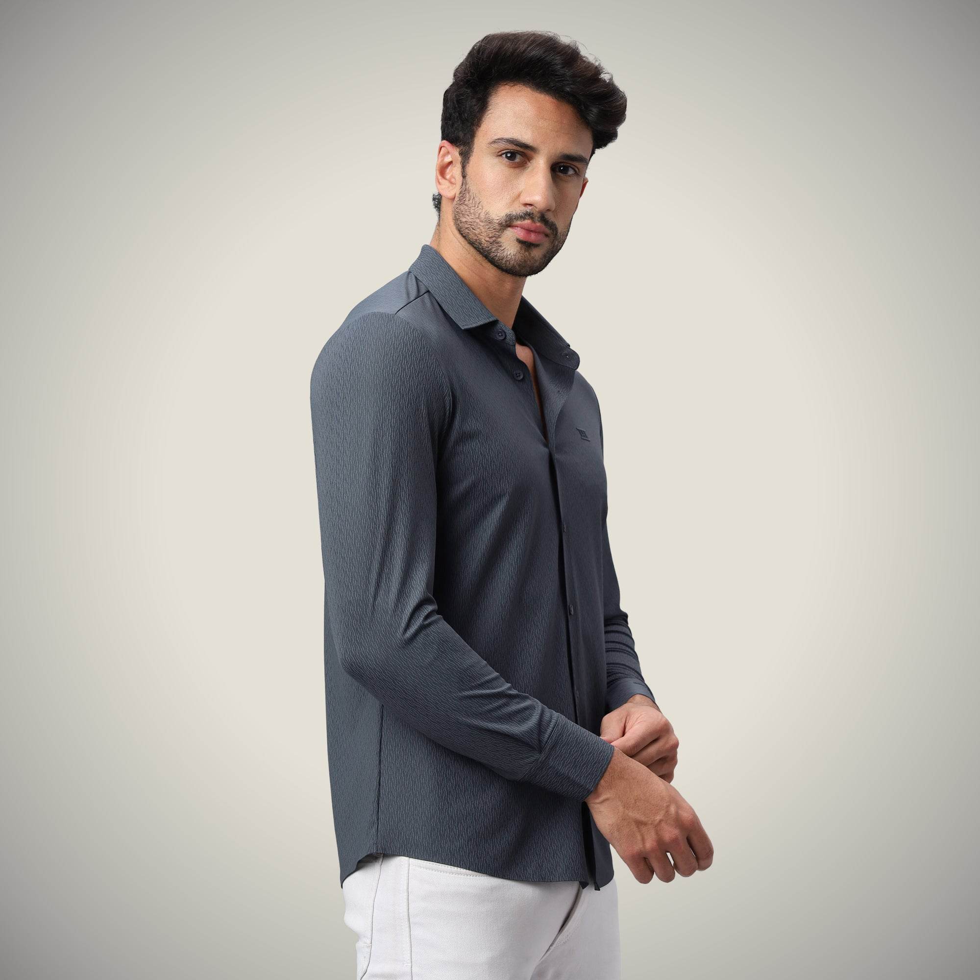 Hektor -Premium-Bonded- Open Button Shirt - Long Sleeve - Thick Thin Jacquard -Mens