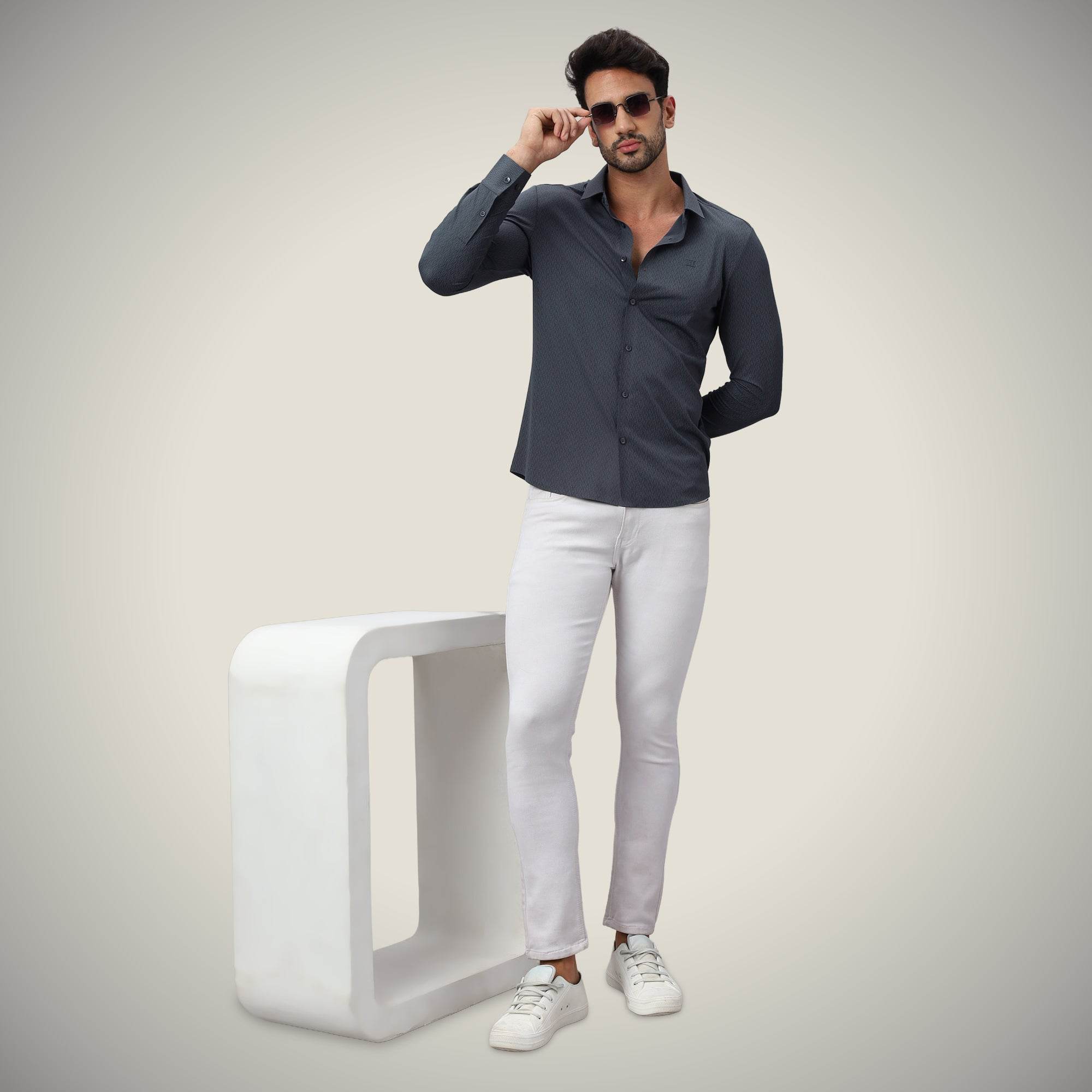 Hektor -Premium-Bonded- Open Button Shirt - Long Sleeve - Thick Thin Jacquard -Mens