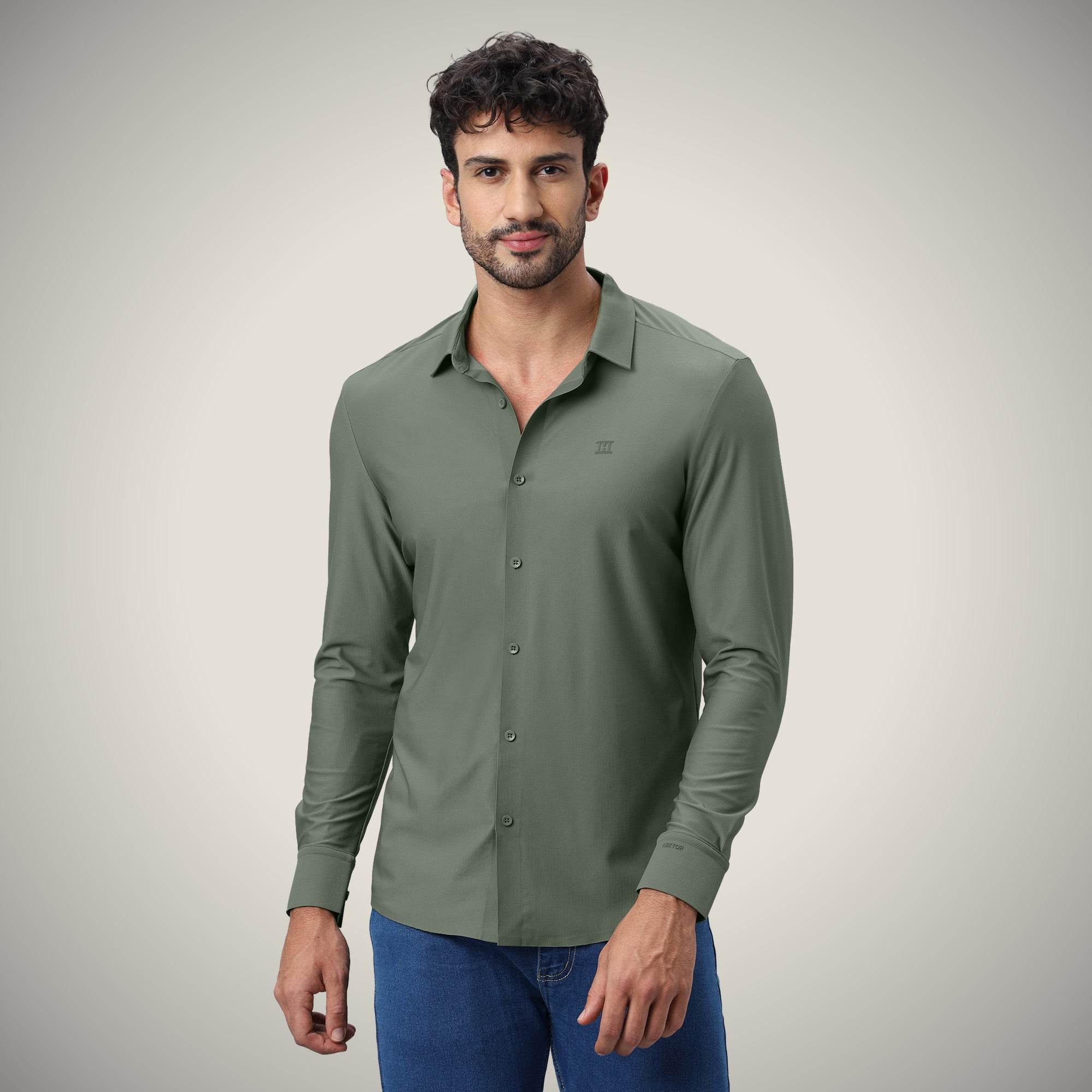 Hektor -Premium-Bonded- Open Button Shirt - Long Sleeve - Small Checks -Mens