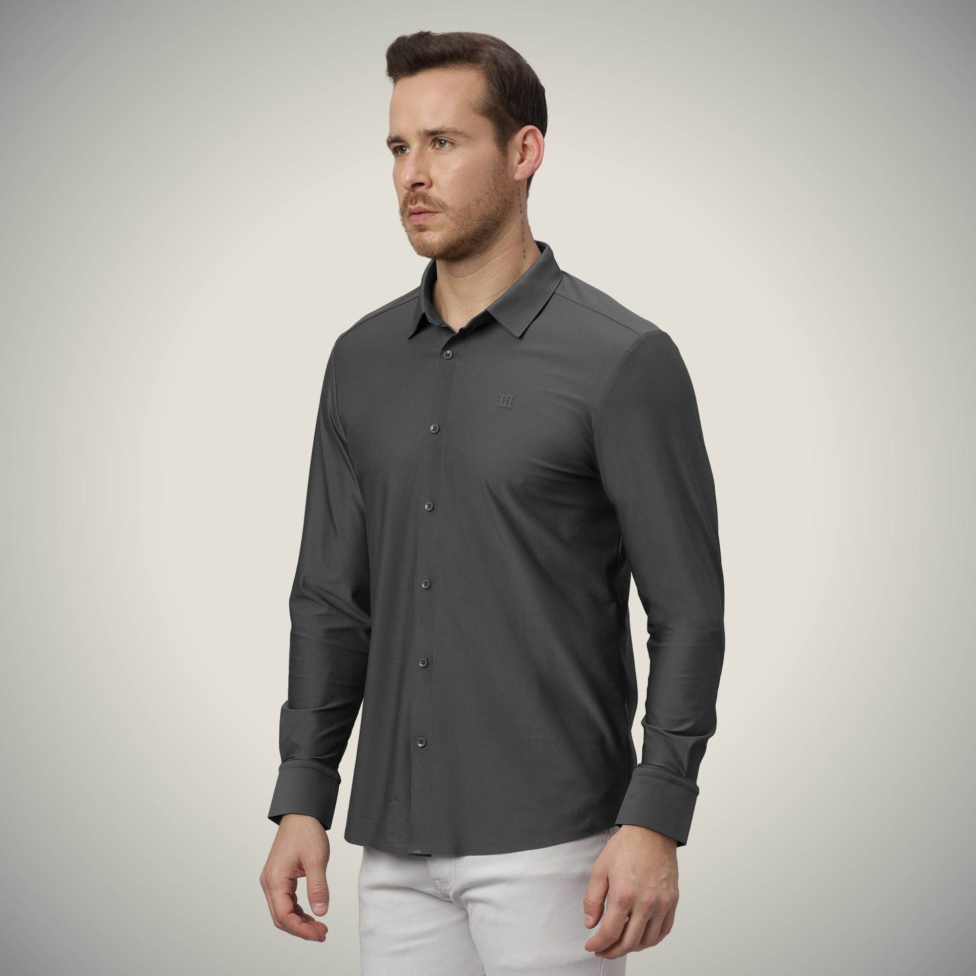 Hektor -Premium-Bonded- Open Button Shirt - Long Sleeve - Small Checks -Mens