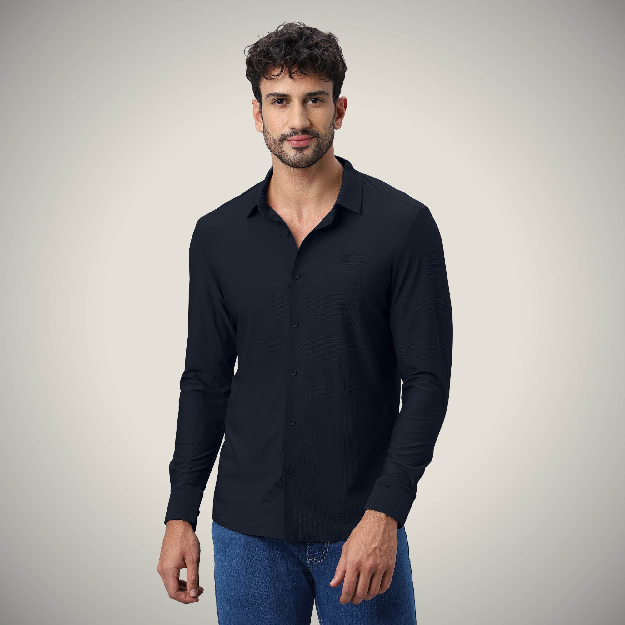 Hektor -Premium-Bonded- Open Button Shirt - Long Sleeve - Small Checks -Mens