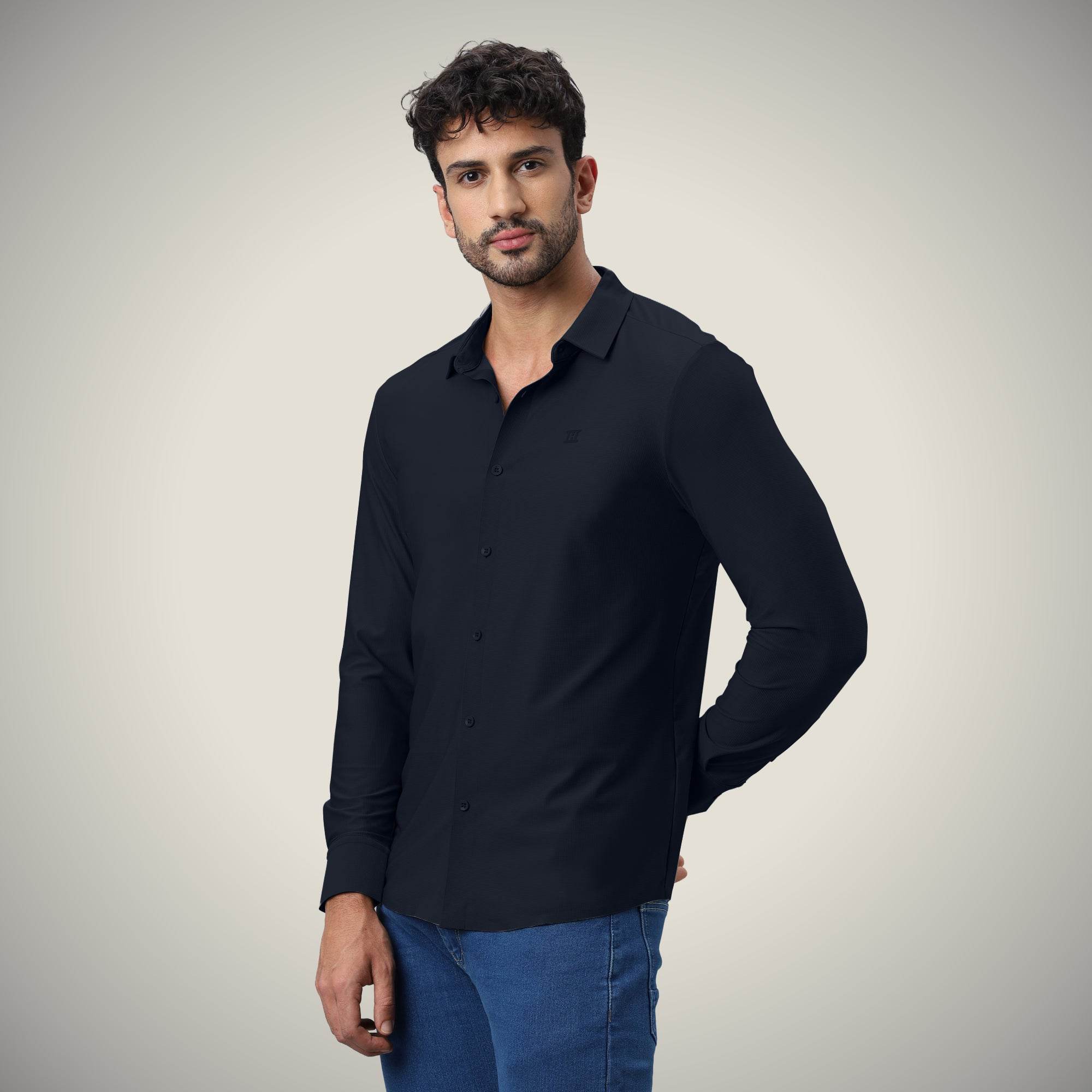 Hektor -Premium-Bonded- Open Button Shirt - Long Sleeve - Small Checks -Mens