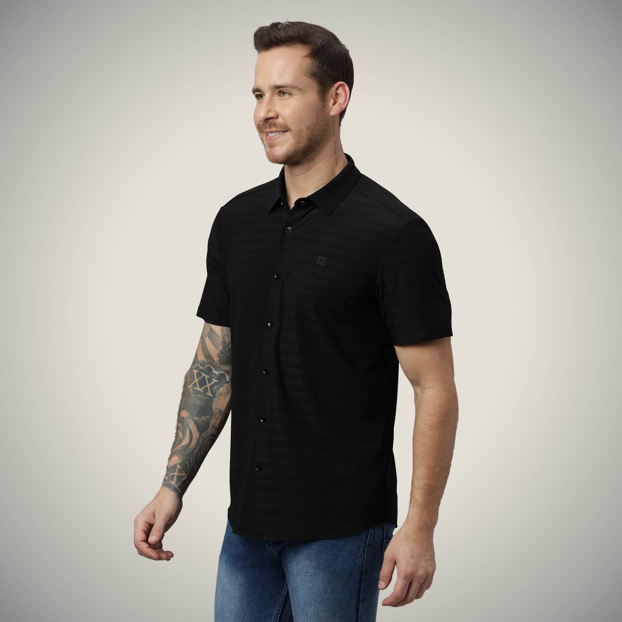 Hektor -Premium-Bonded- Open Button Shirt - Short Sleeve - Herring Bone -Mens