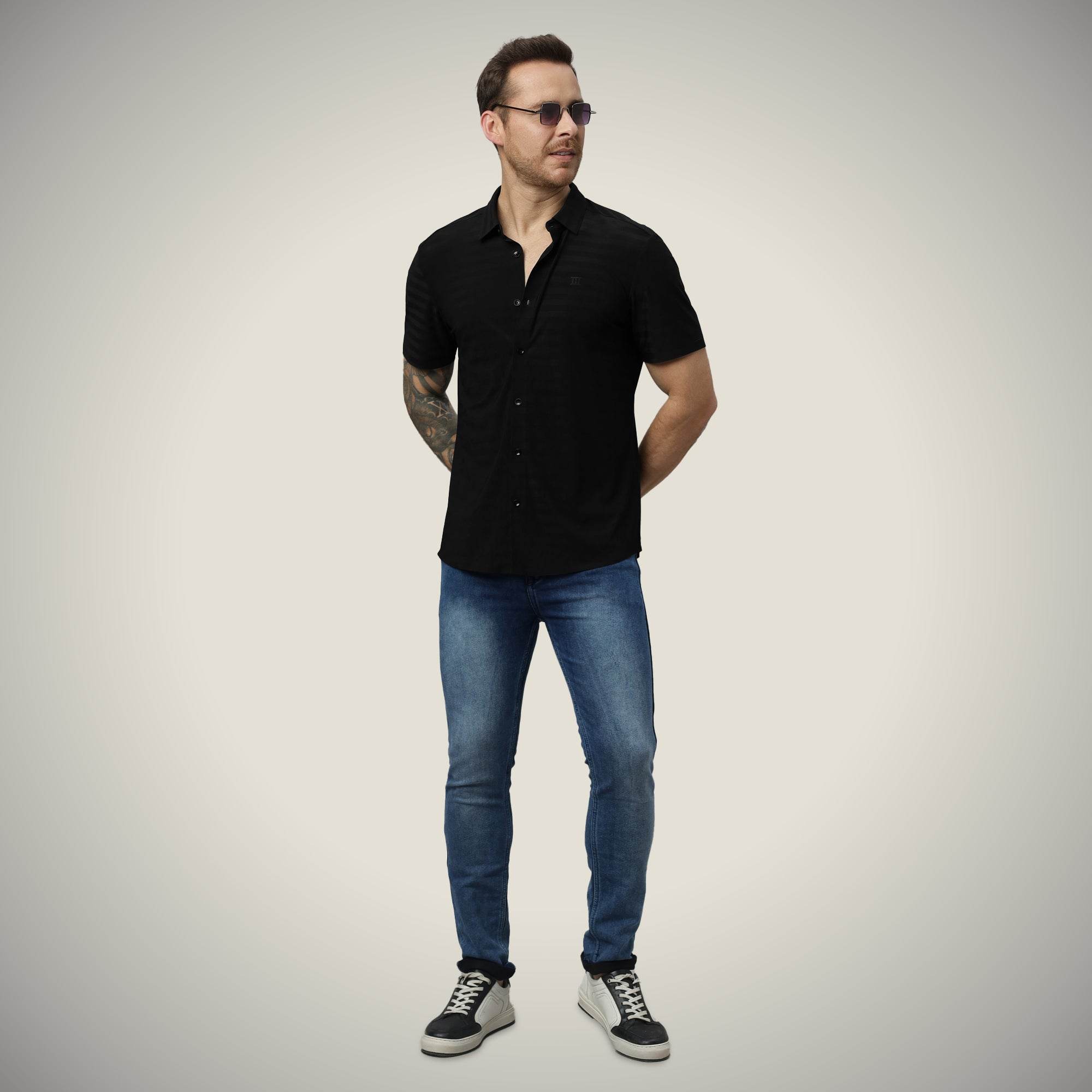 Hektor -Premium-Bonded- Open Button Shirt - Short Sleeve - Herring Bone -Mens