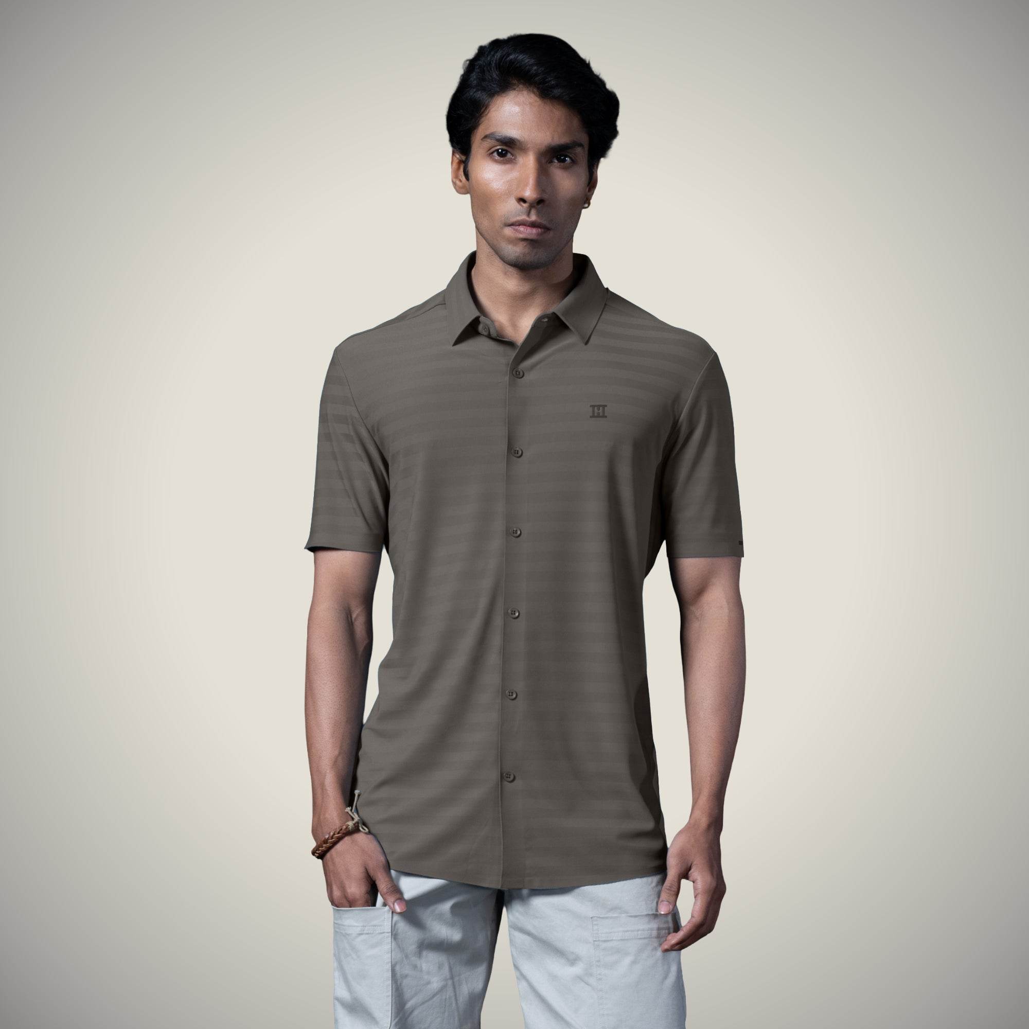 Hektor -Premium-Bonded- Open Button Shirt - Short Sleeve - Herring Bone -Mens
