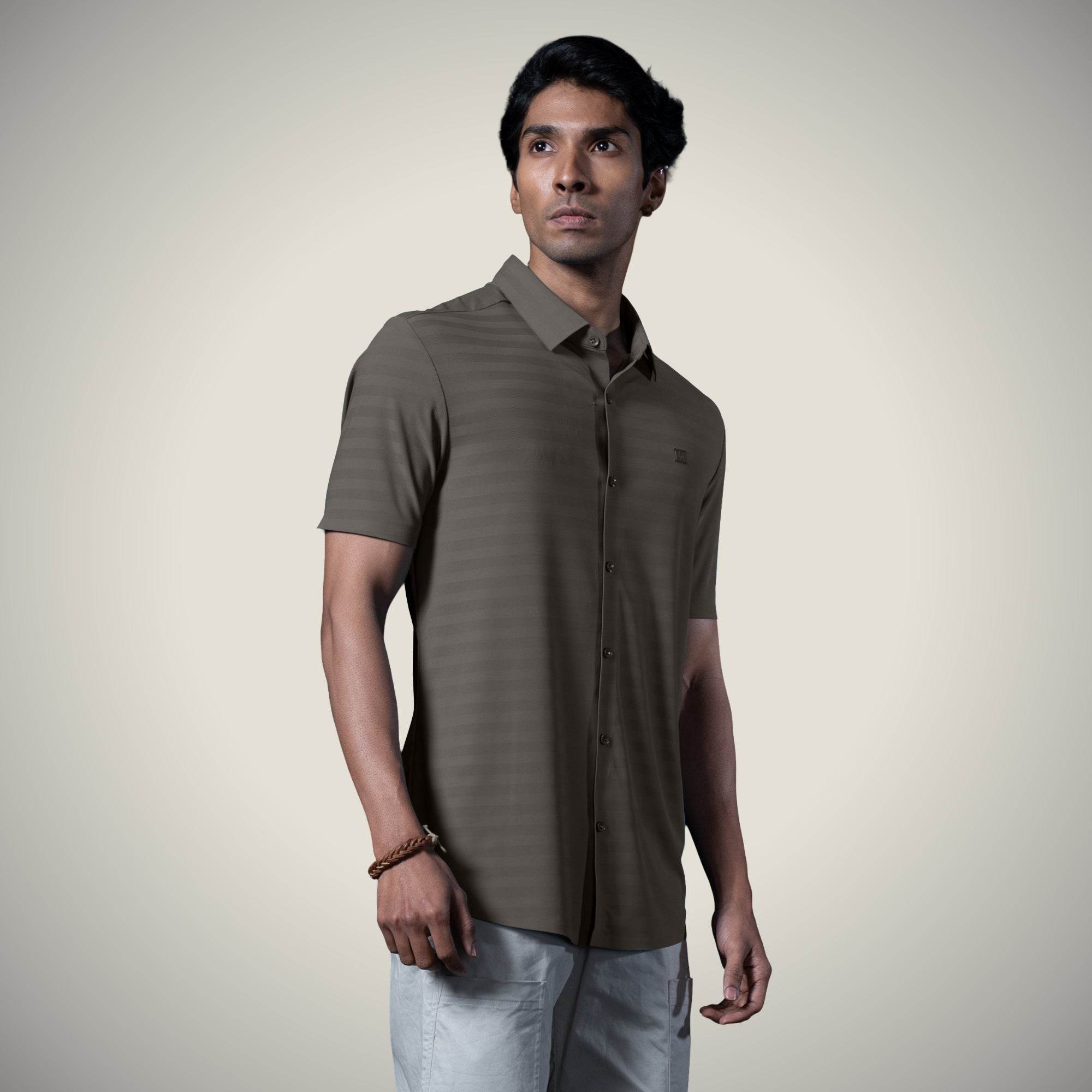 Hektor -Premium-Bonded- Open Button Shirt - Short Sleeve - Herring Bone -Mens