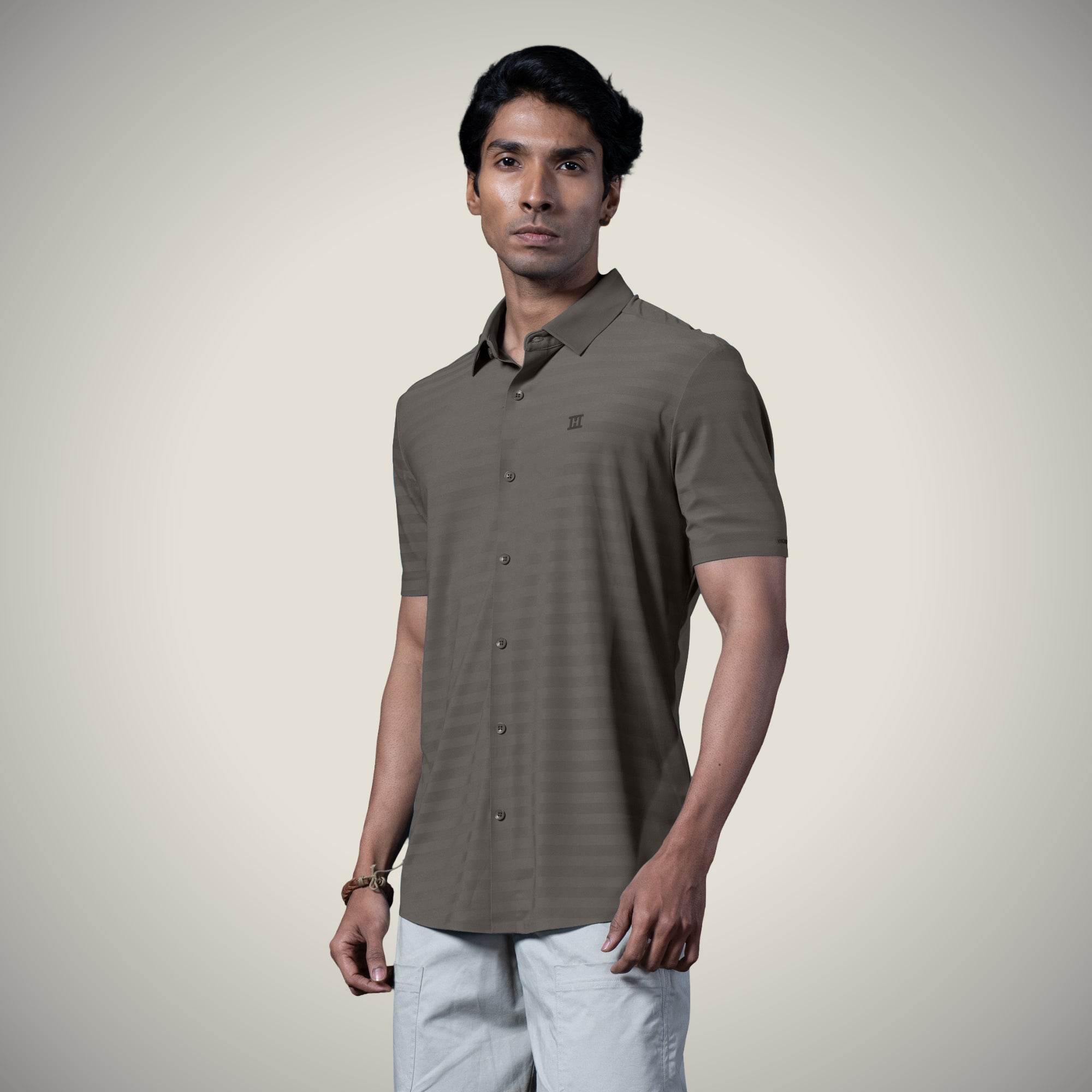 Hektor -Premium-Bonded- Open Button Shirt - Short Sleeve - Herring Bone -Mens