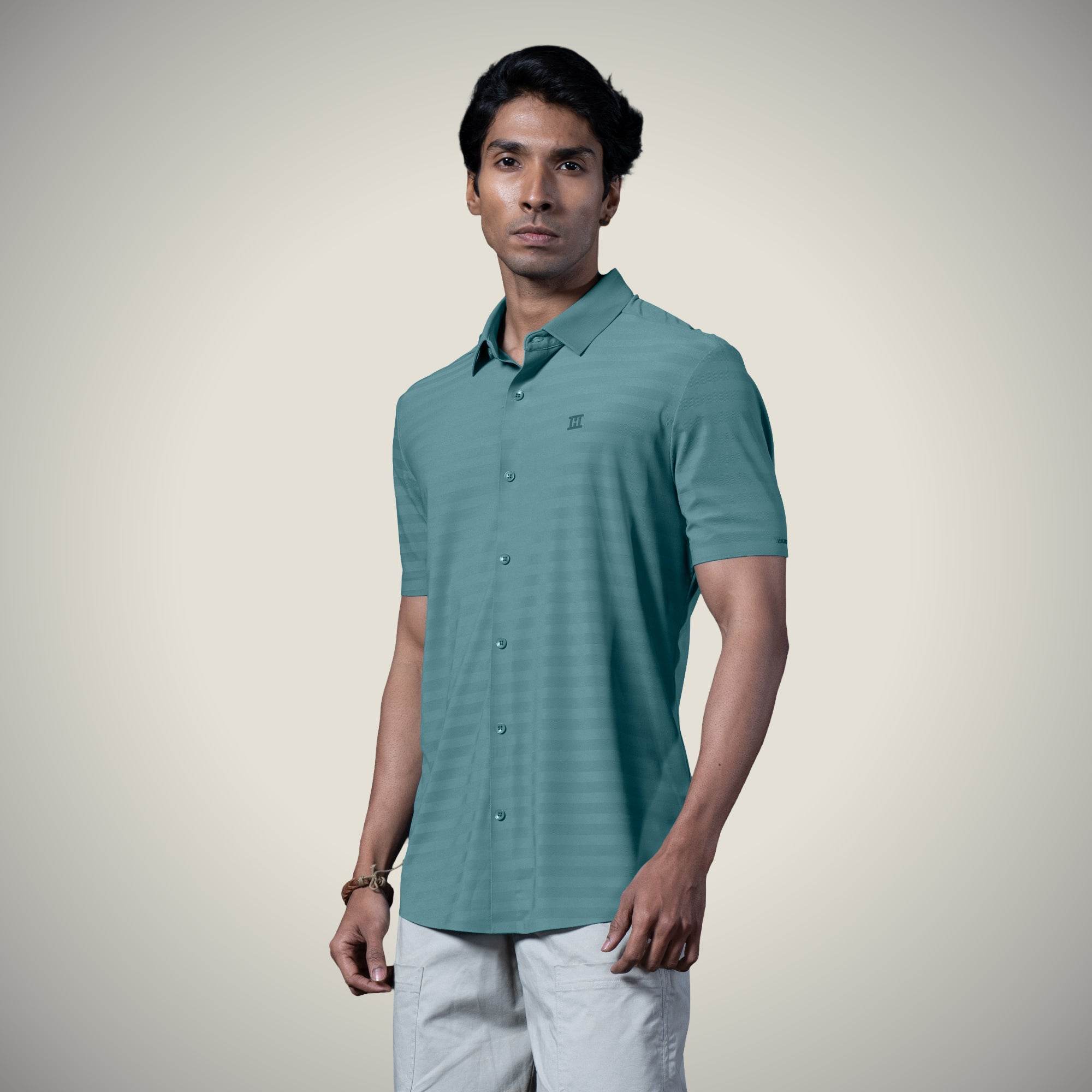 Hektor -Premium-Bonded- Open Button Shirt - Short Sleeve - Herring Bone -Mens