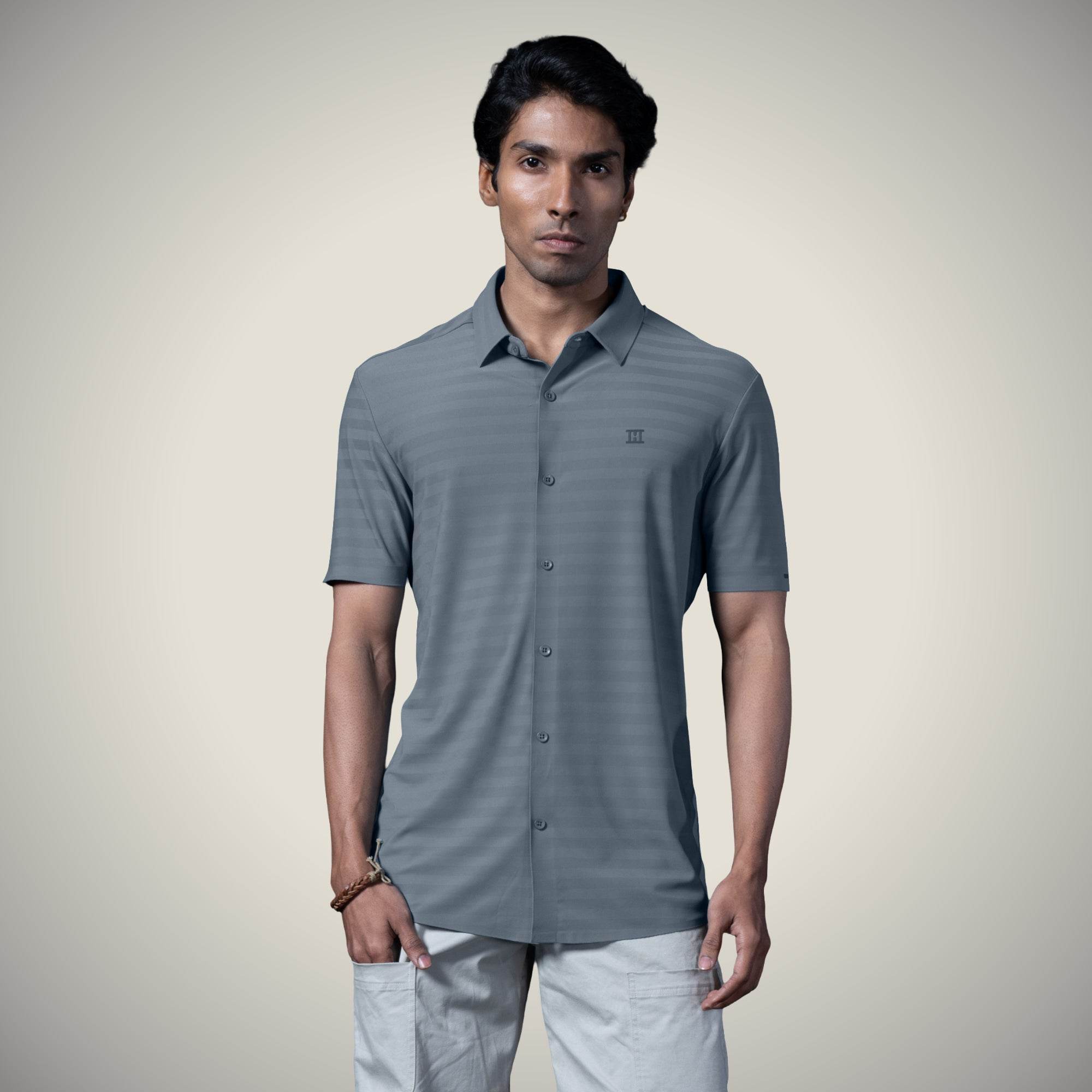 Hektor -Premium-Bonded- Open Button Shirt - Short Sleeve - Herring Bone -Mens