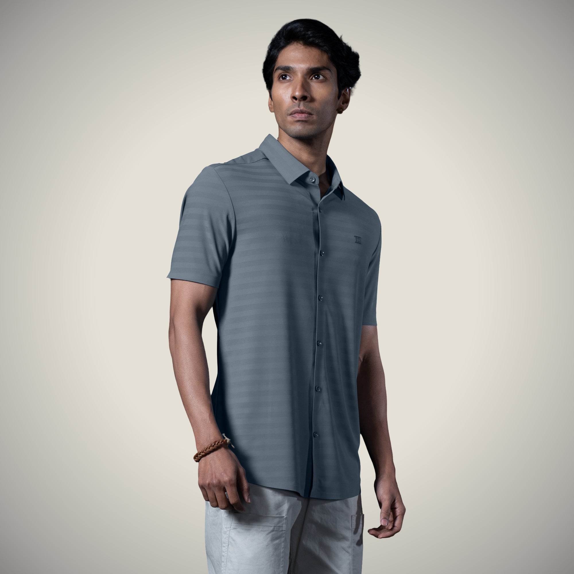 Hektor -Premium-Bonded- Open Button Shirt - Short Sleeve - Herring Bone -Mens