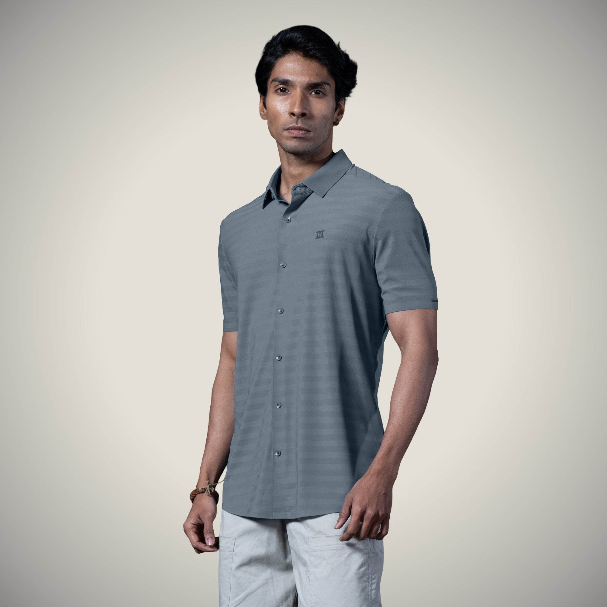 Hektor -Premium-Bonded- Open Button Shirt - Short Sleeve - Herring Bone -Mens