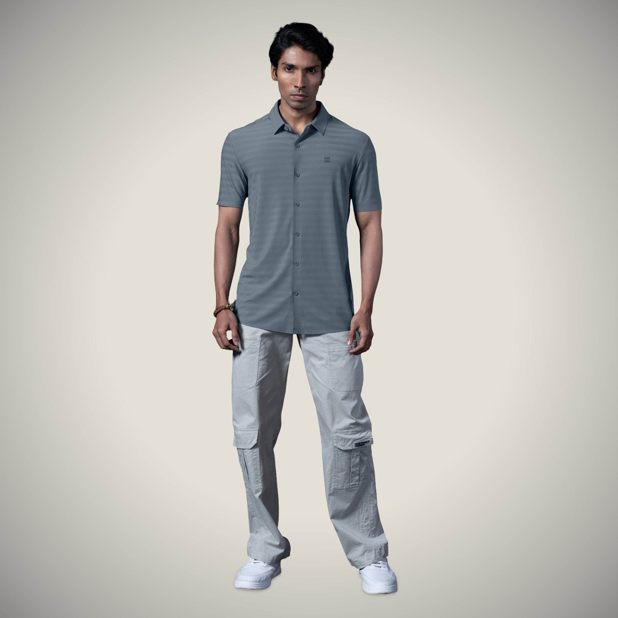 Hektor -Premium-Bonded- Open Button Shirt - Short Sleeve - Herring Bone -Mens