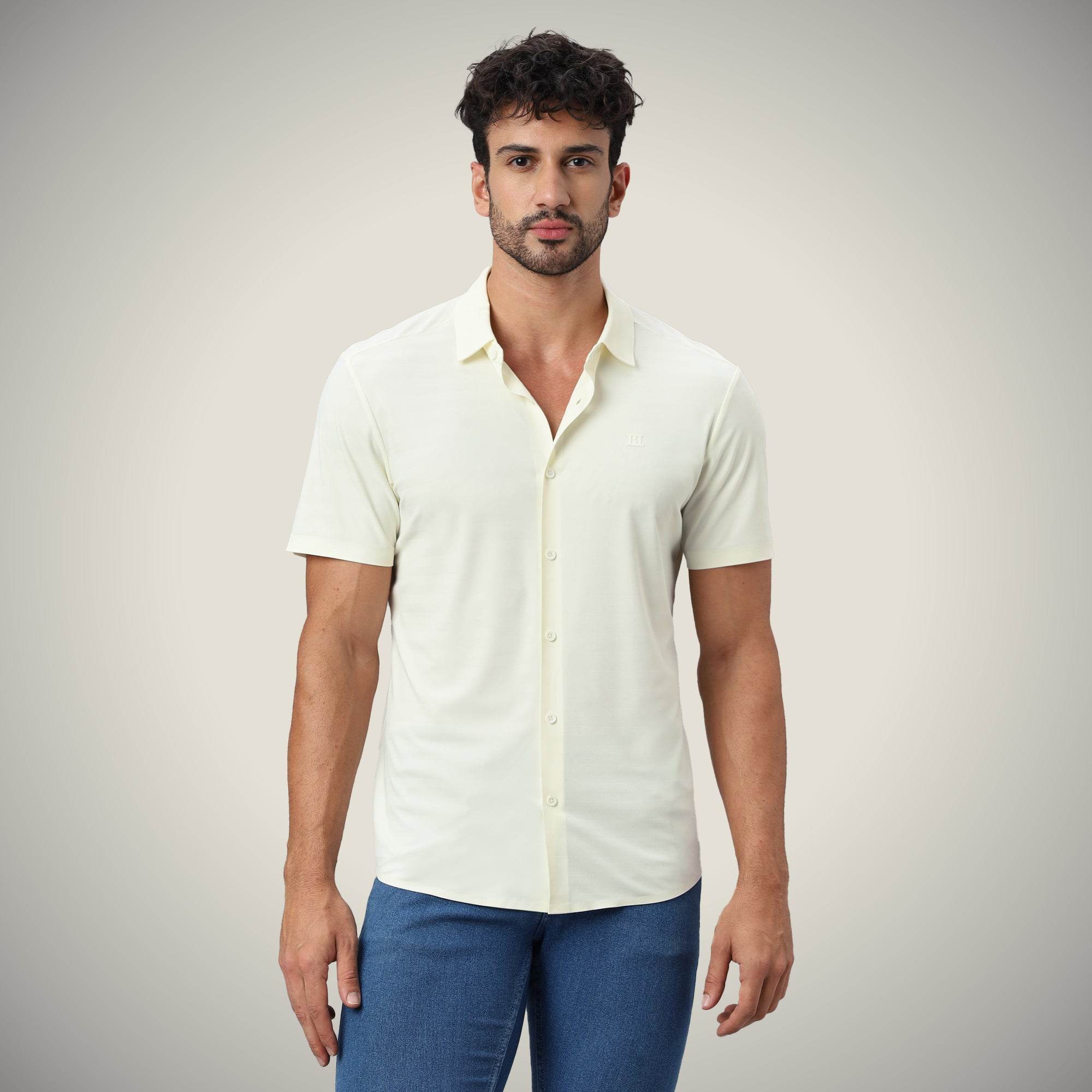 Hektor -Premium-Bonded- Open Button Shirt - Short Sleeve - Herring Bone -Mens