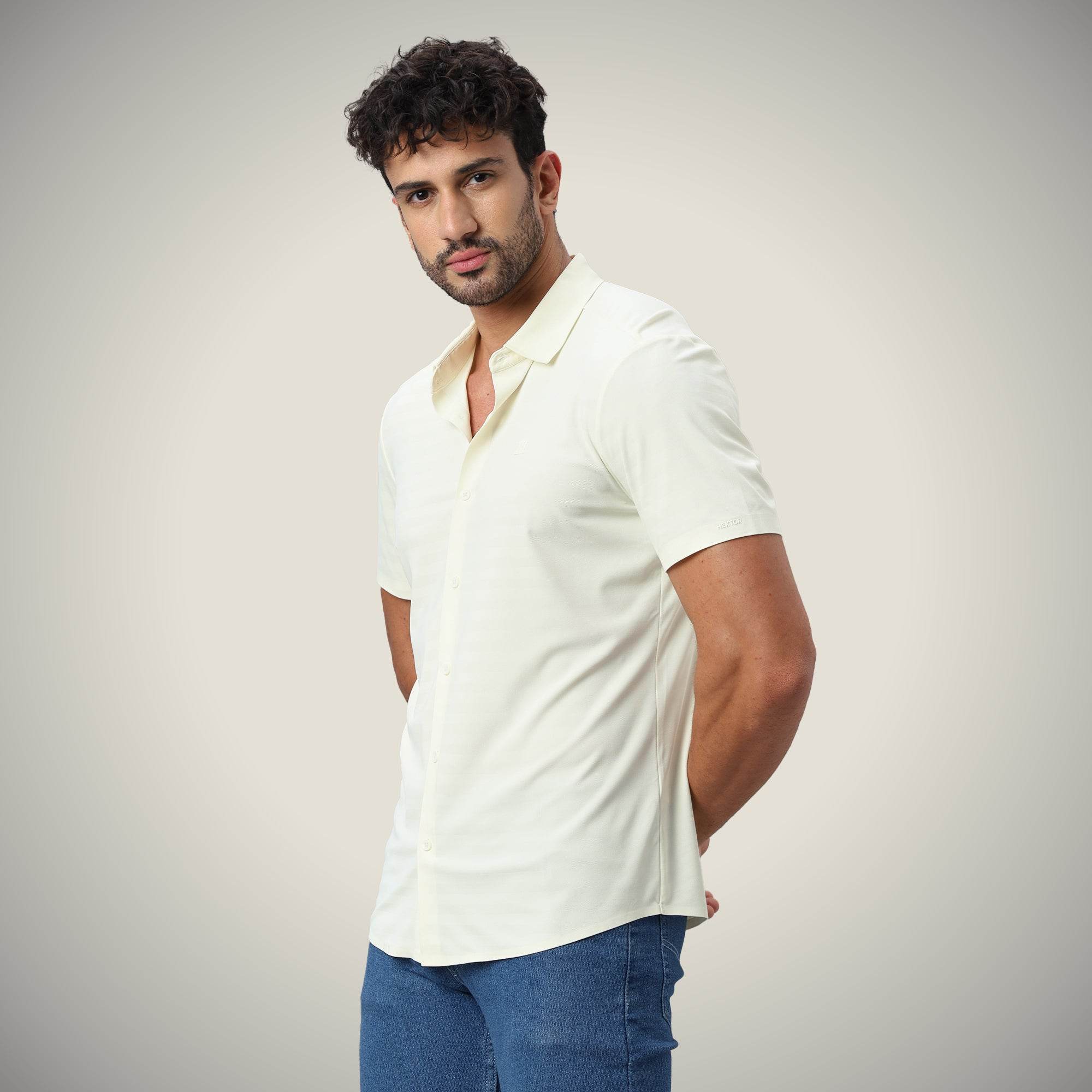 Hektor -Premium-Bonded- Open Button Shirt - Short Sleeve - Herring Bone -Mens