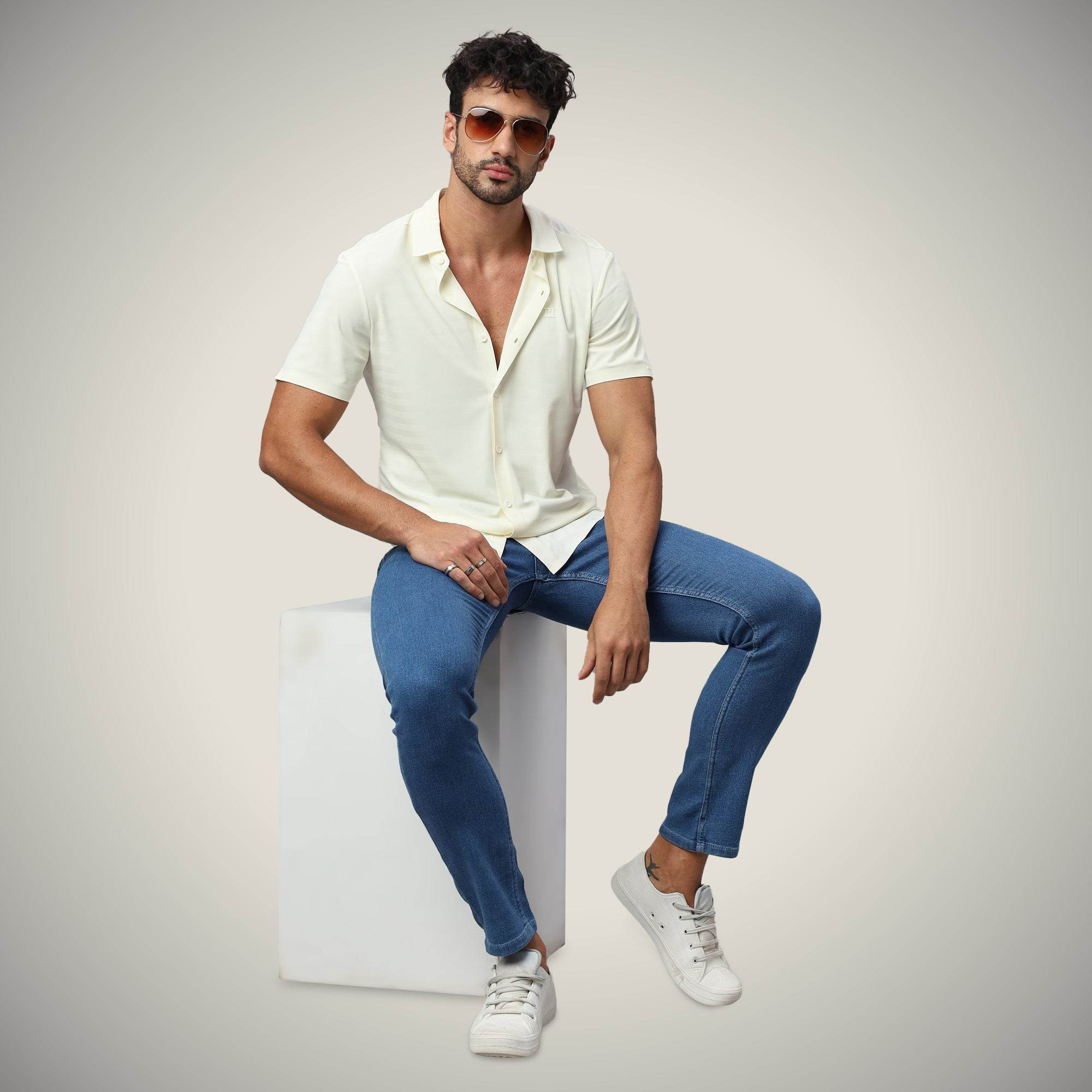 Hektor -Premium-Bonded- Open Button Shirt - Short Sleeve - Herring Bone -Mens