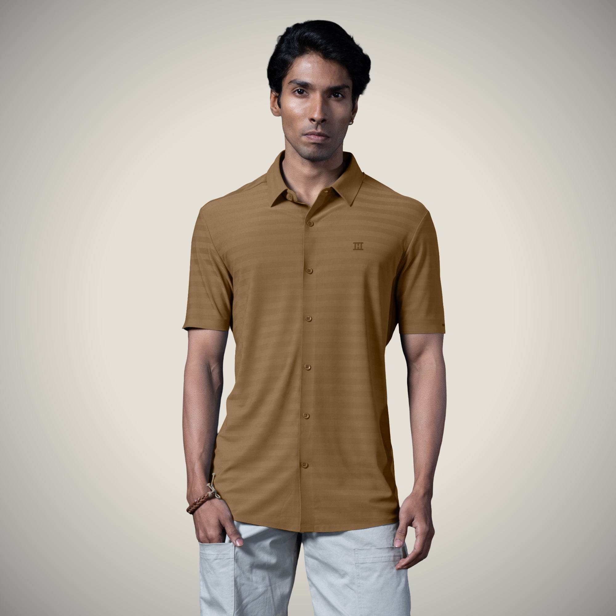 Hektor -Premium-Bonded- Open Button Shirt - Short Sleeve - Herring Bone -Mens