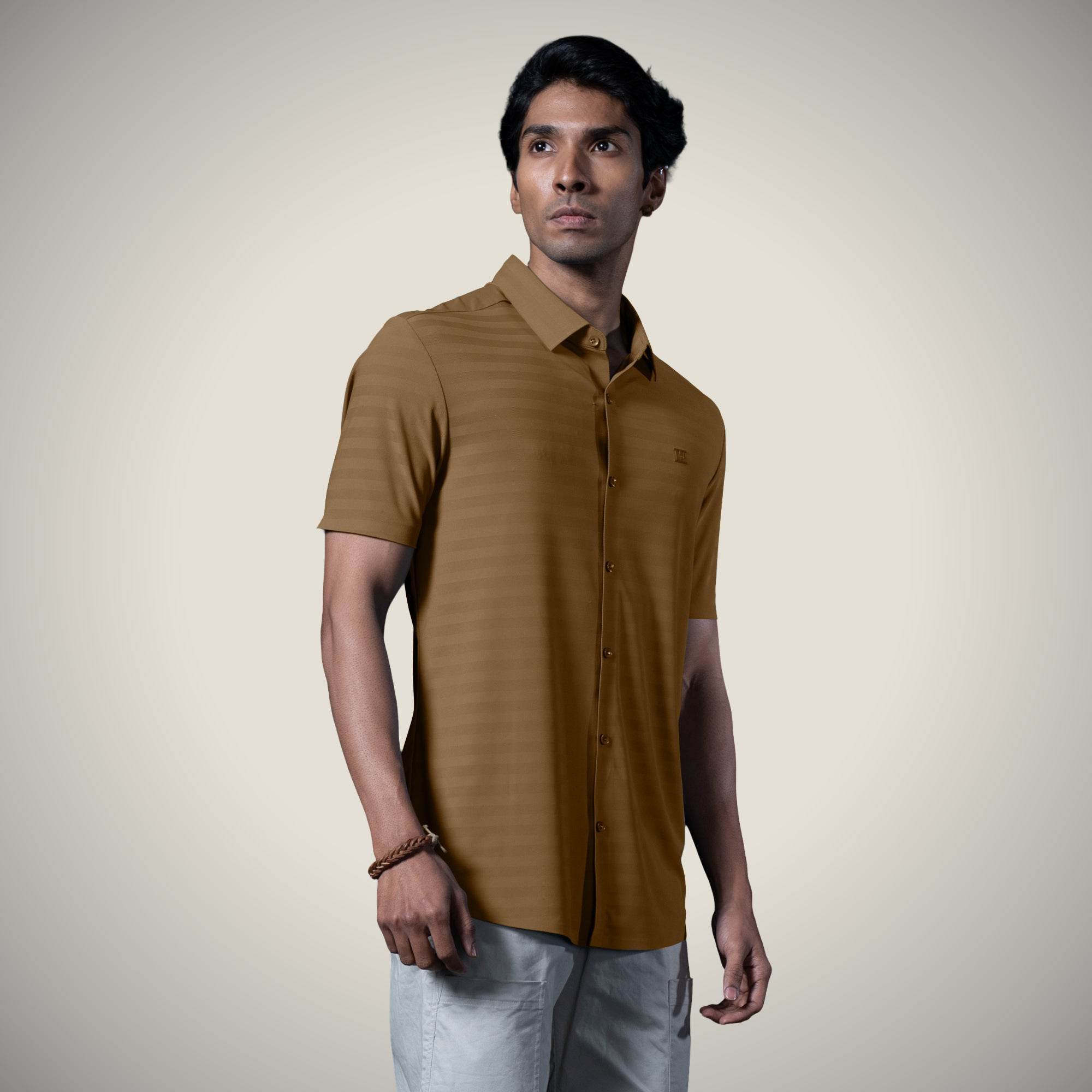 Hektor -Premium-Bonded- Open Button Shirt - Short Sleeve - Herring Bone -Mens