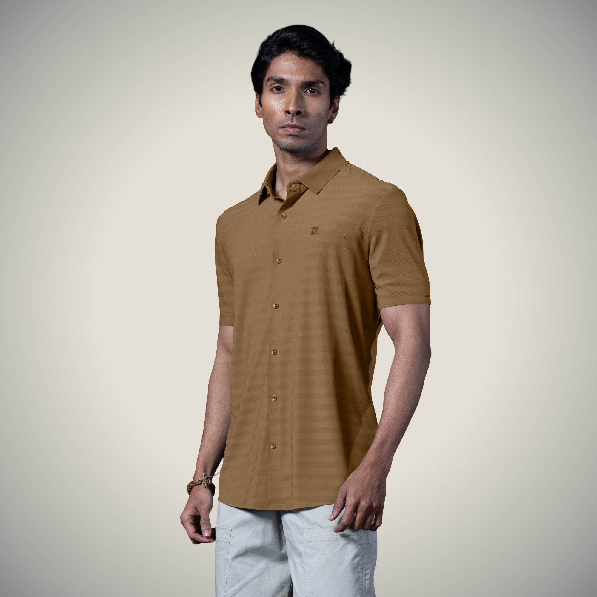 Hektor -Premium-Bonded- Open Button Shirt - Short Sleeve - Herring Bone -Mens