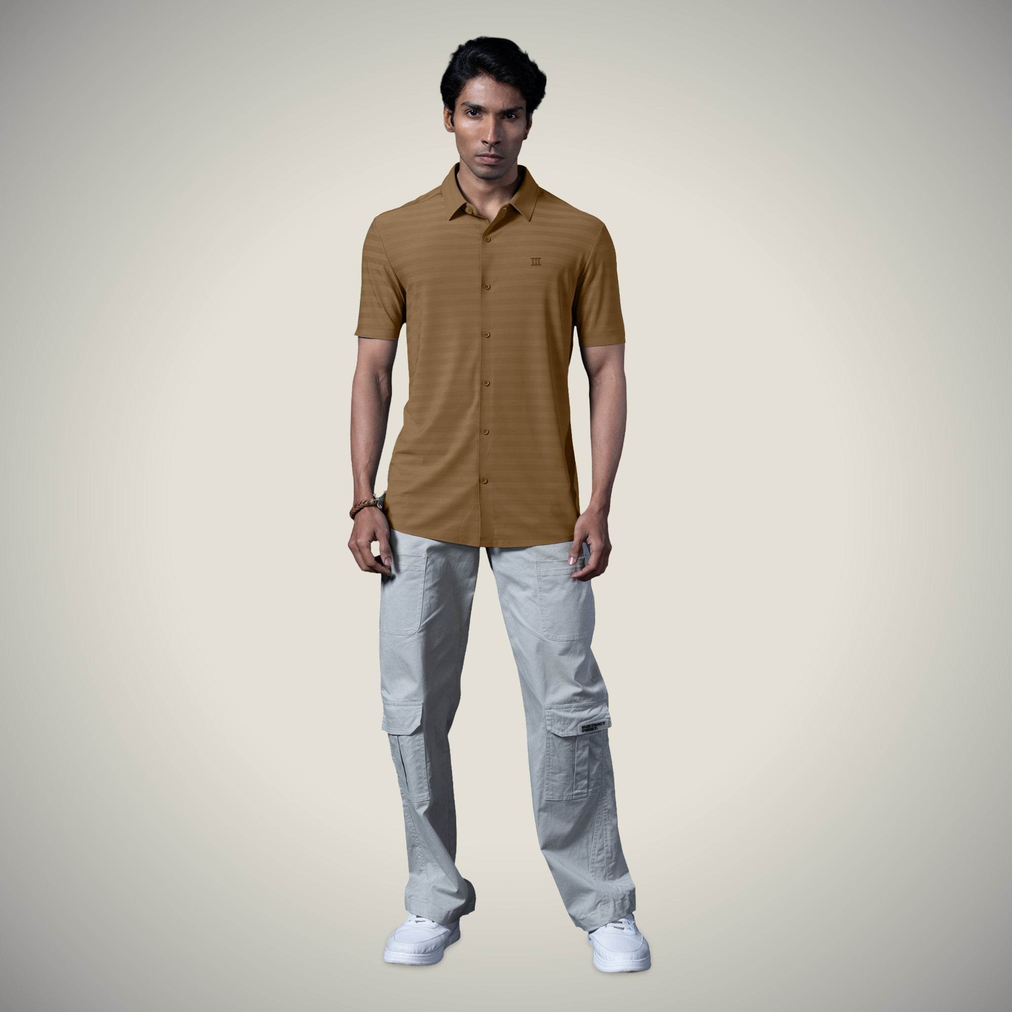 Hektor -Premium-Bonded- Open Button Shirt - Short Sleeve - Herring Bone -Mens