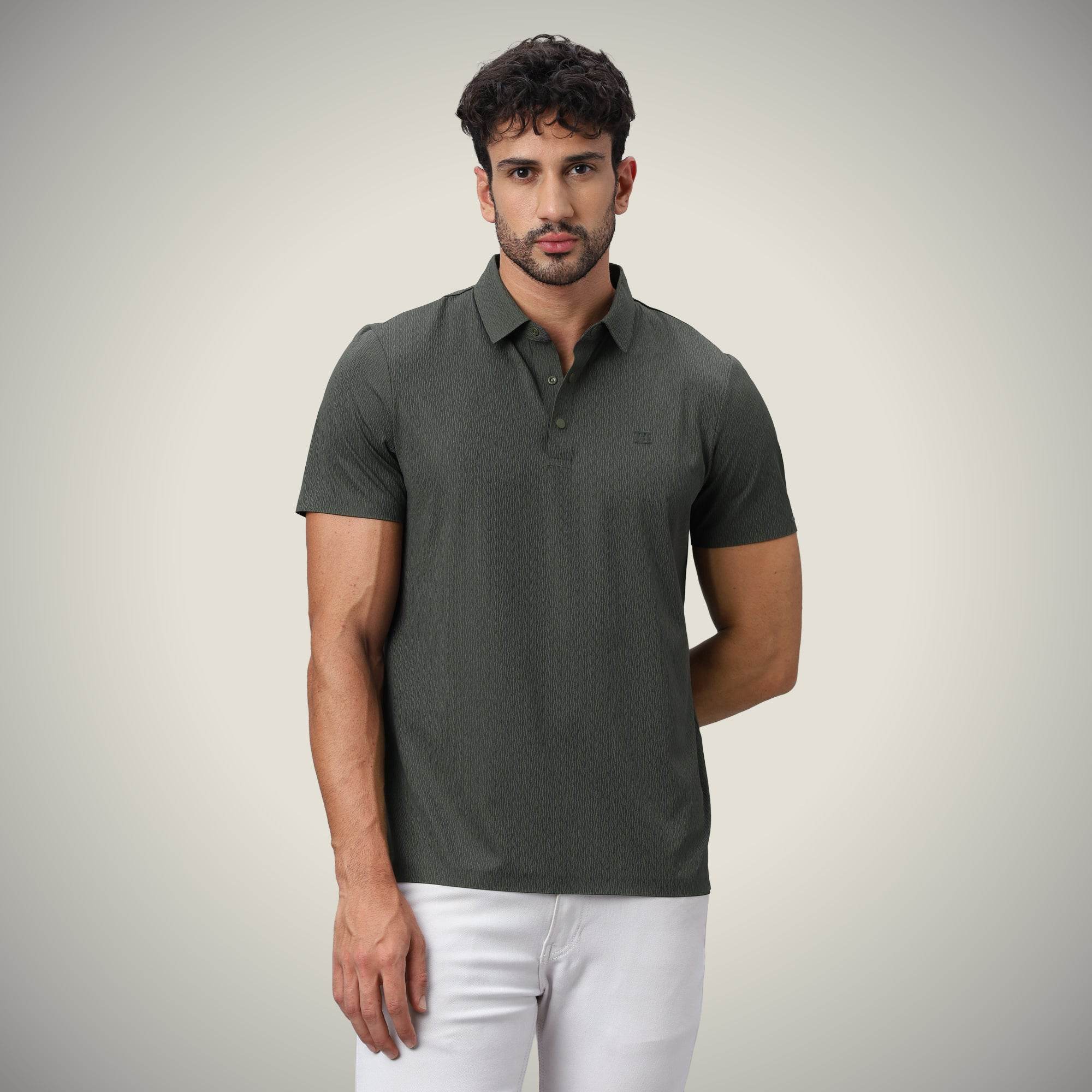 Hektor -Premium-Bonded- Snap Button Polo - Thick Thin Jacquard T Shirt -Mens